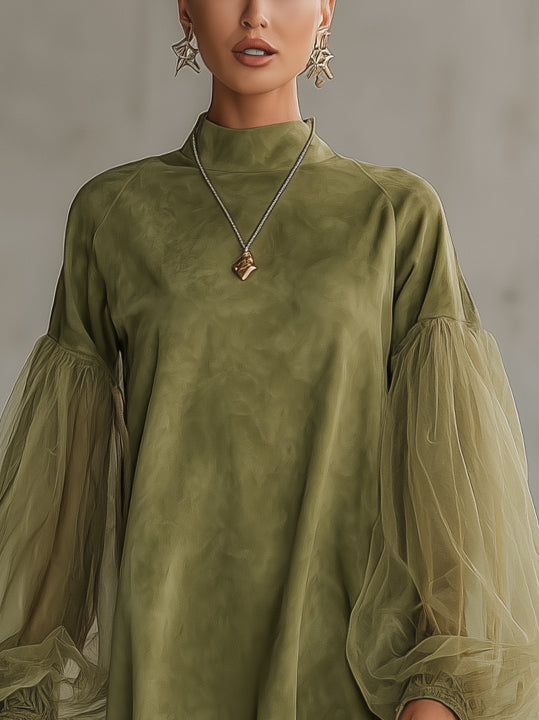 Olive Faux Suede Puff-Sleeve Mini Dress With Fringe Hem