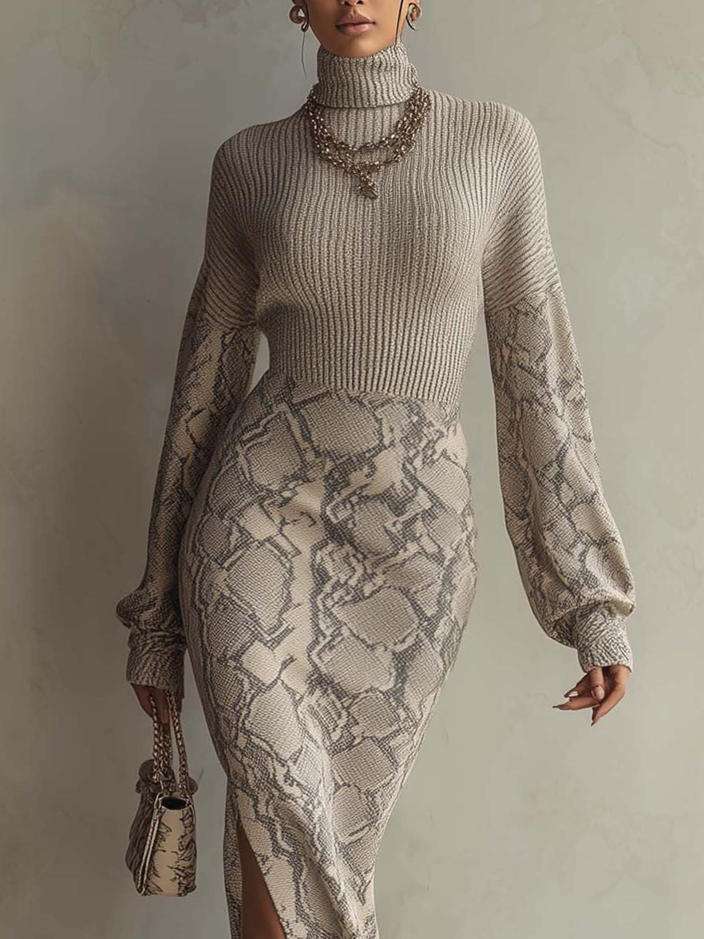 Gray Snake Print Patchwork Turtleneck Knit Bodycon Dress