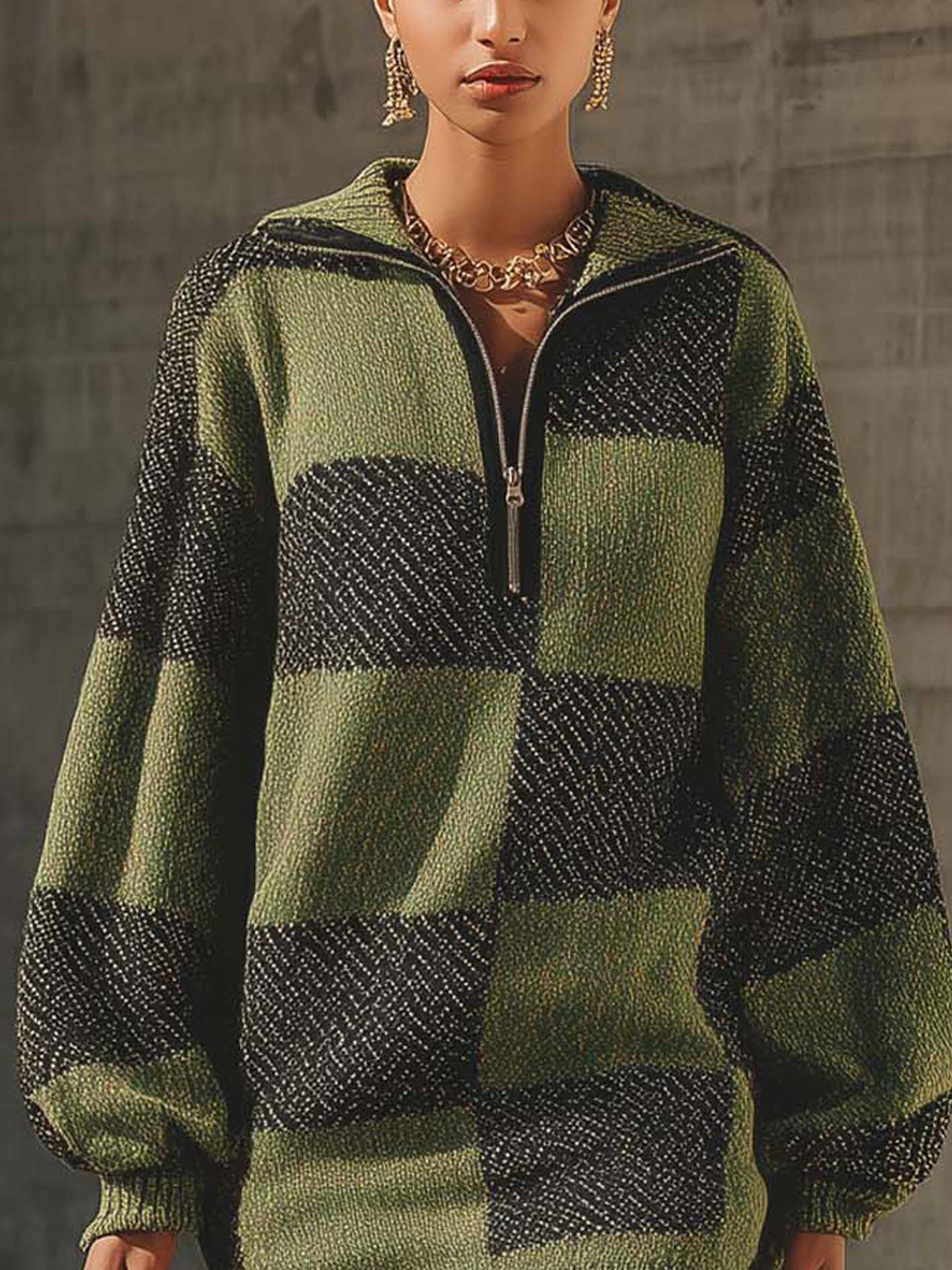 Olive Green Knit Mini Dress With Grey Checks