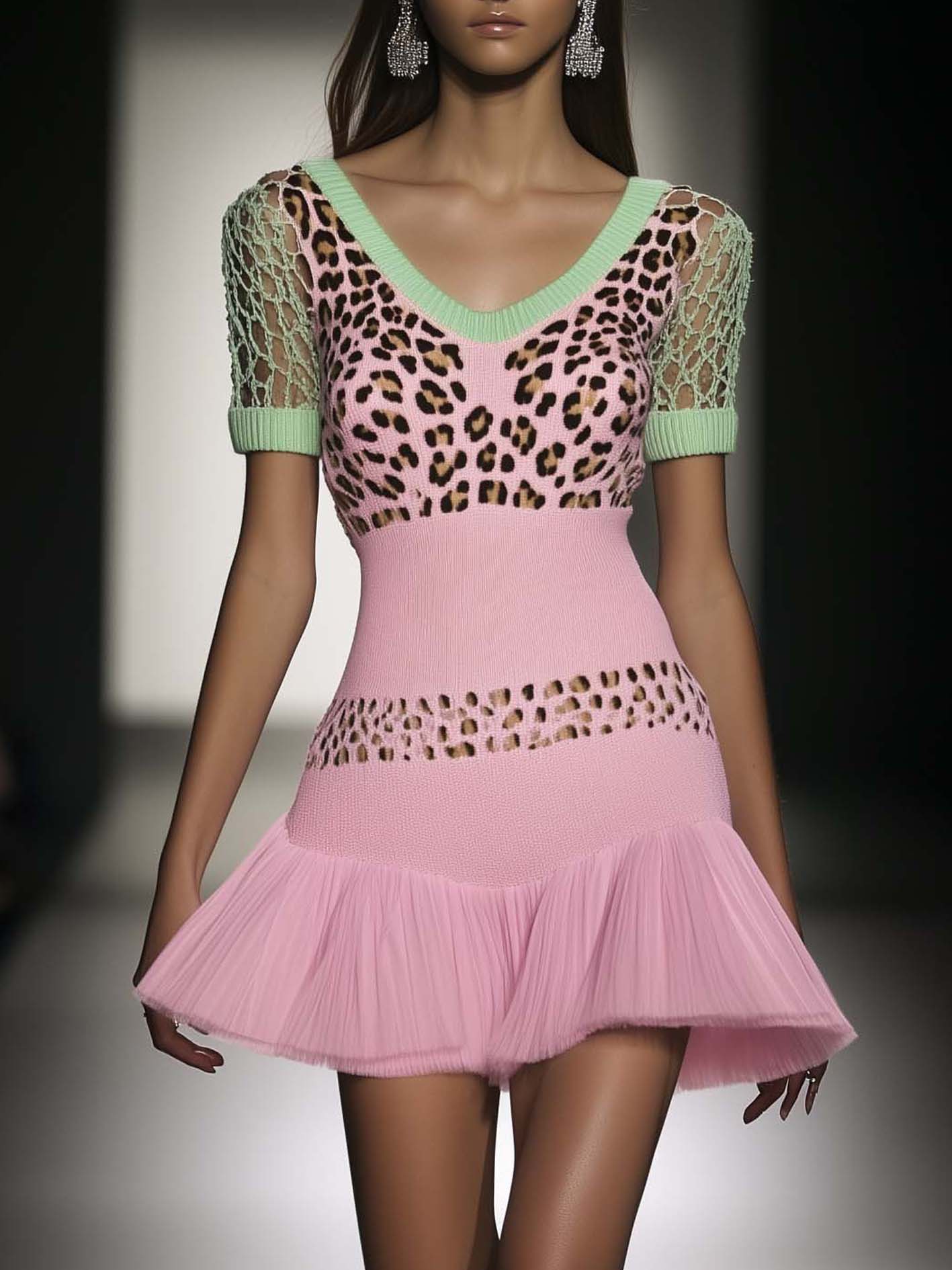 Pink Leopard Print Knitted Mini Dress With Green Trim And Chiffon