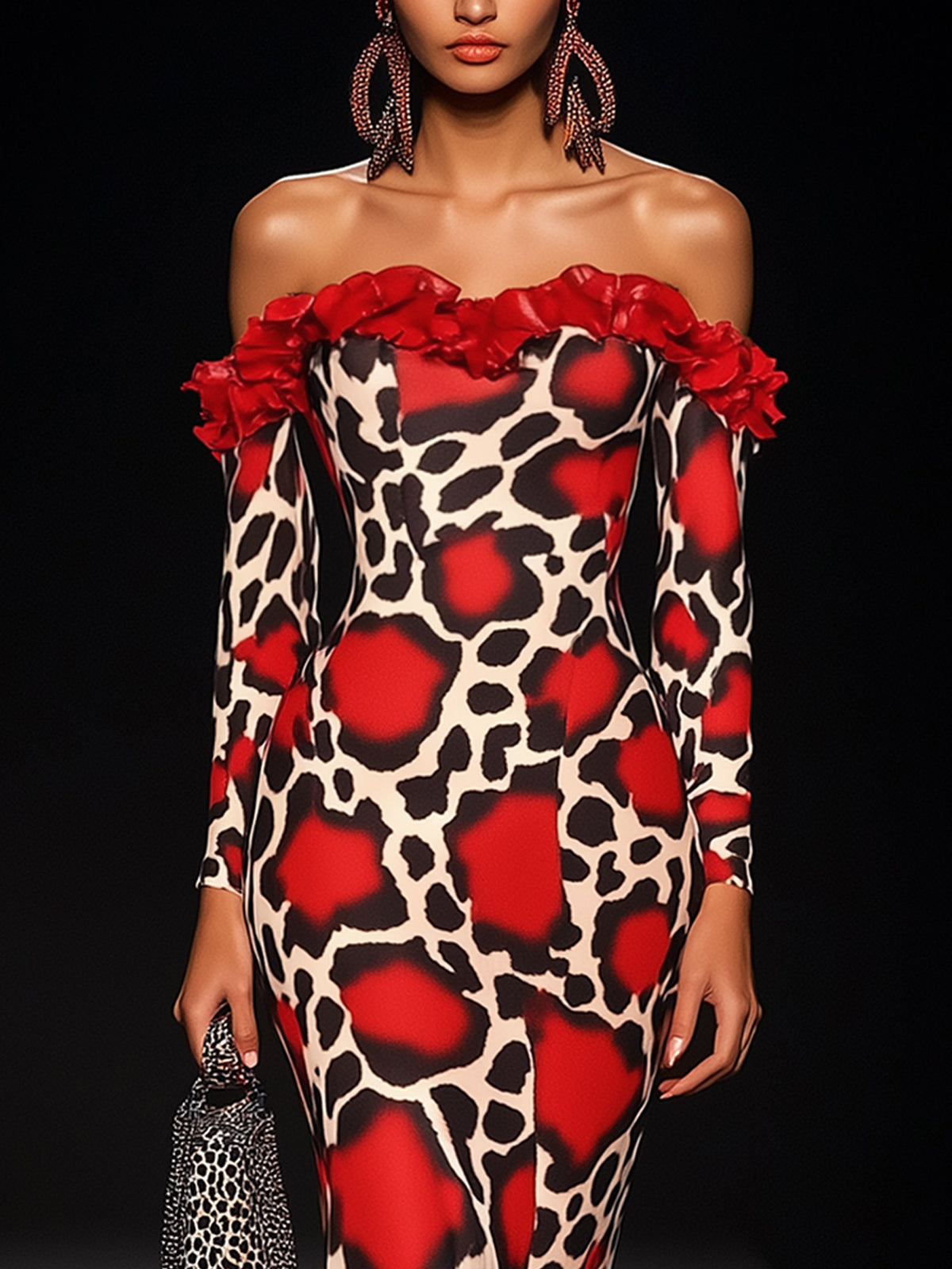 Off Shoulder Red And Black Animal Print Maxi Dress