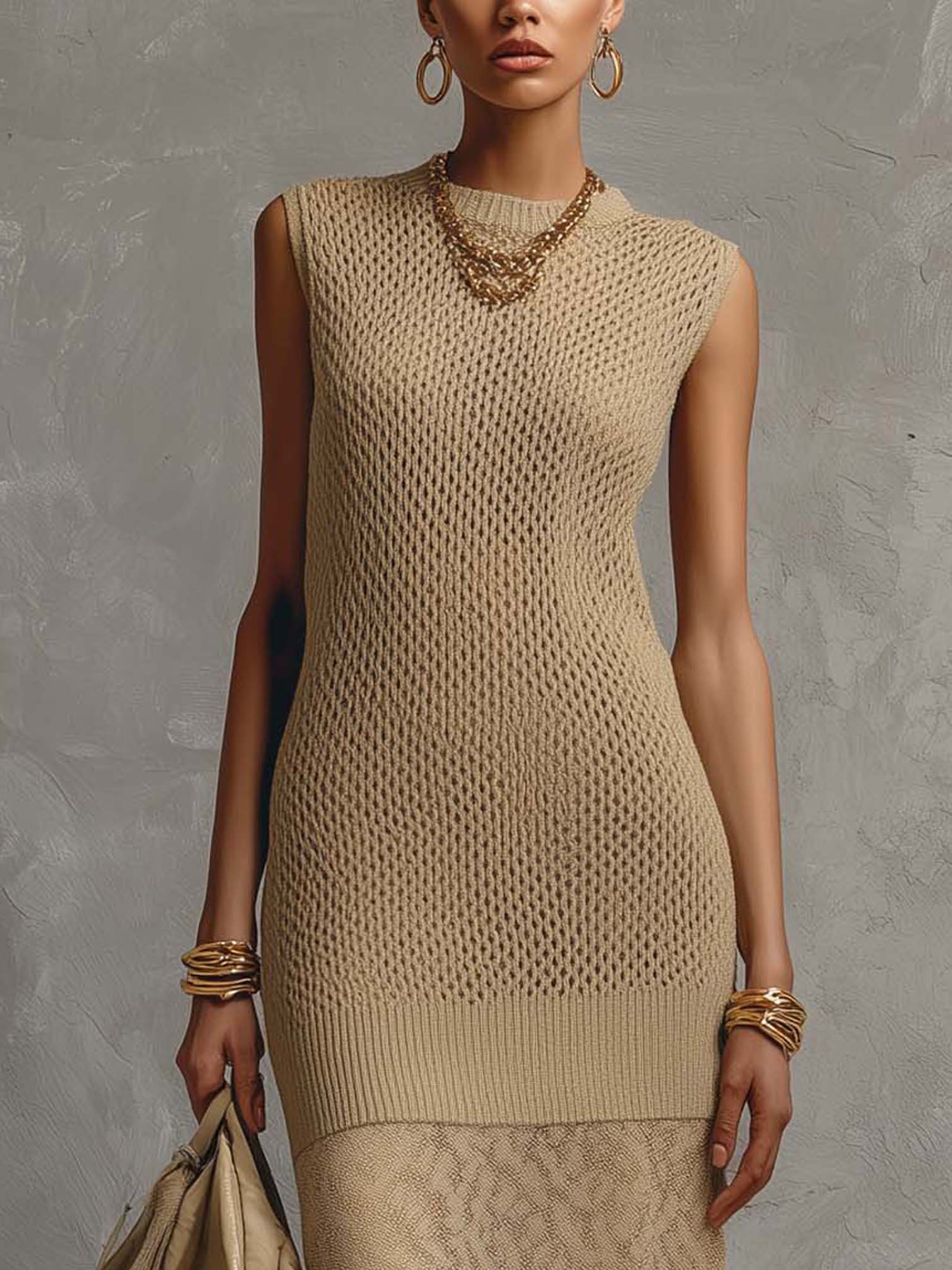 Khaki Textured Knit Patchwork Sleeveless Bodycon Dress