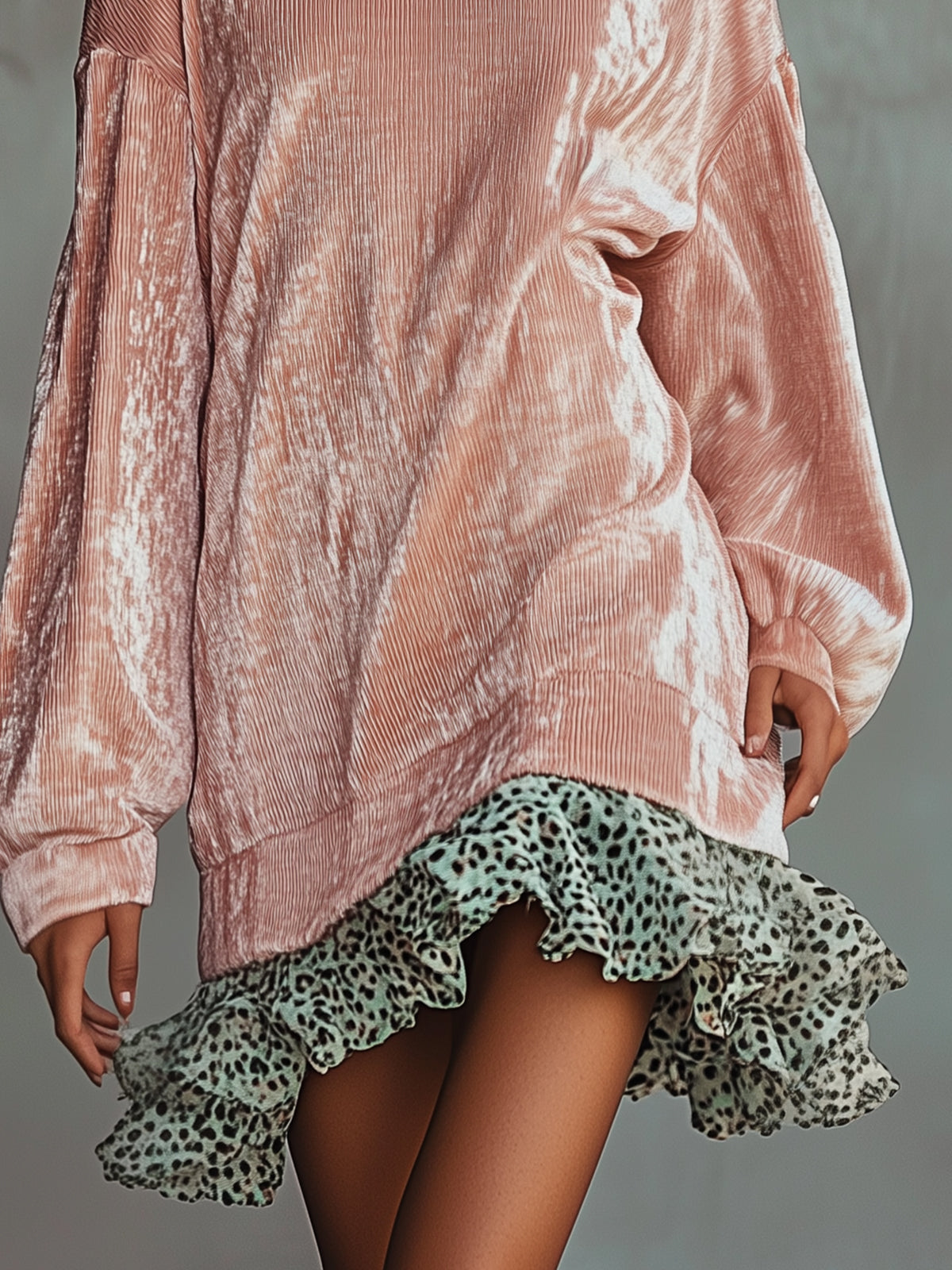 Pink Velvet And Leopard Ruffle Dress
