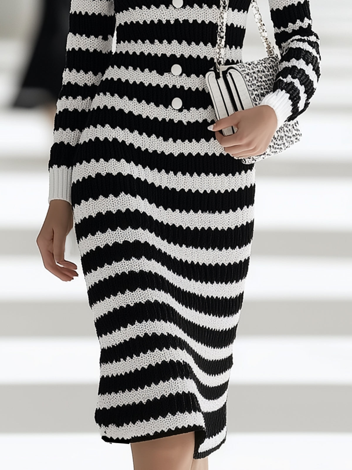 Black And White Striped Knit Dress With Wide Collar