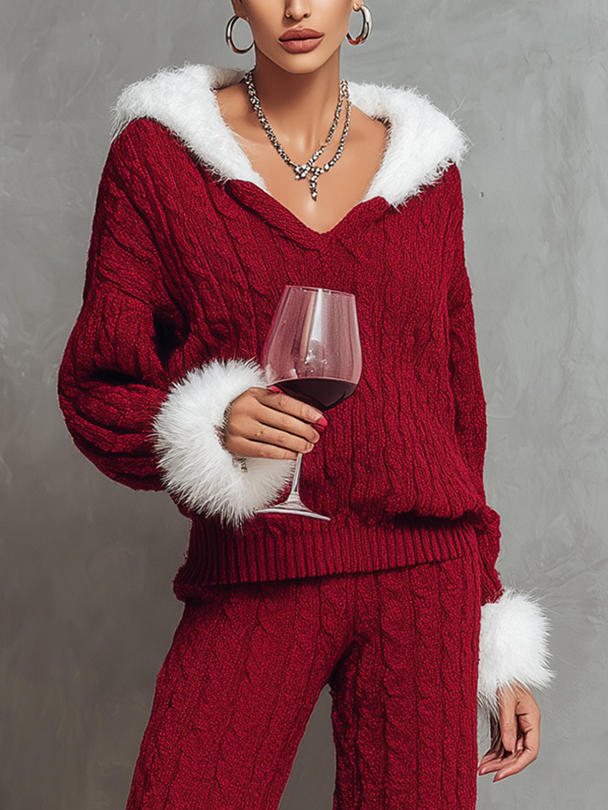 Red Cable-Knit Set With Faux Fur Trim