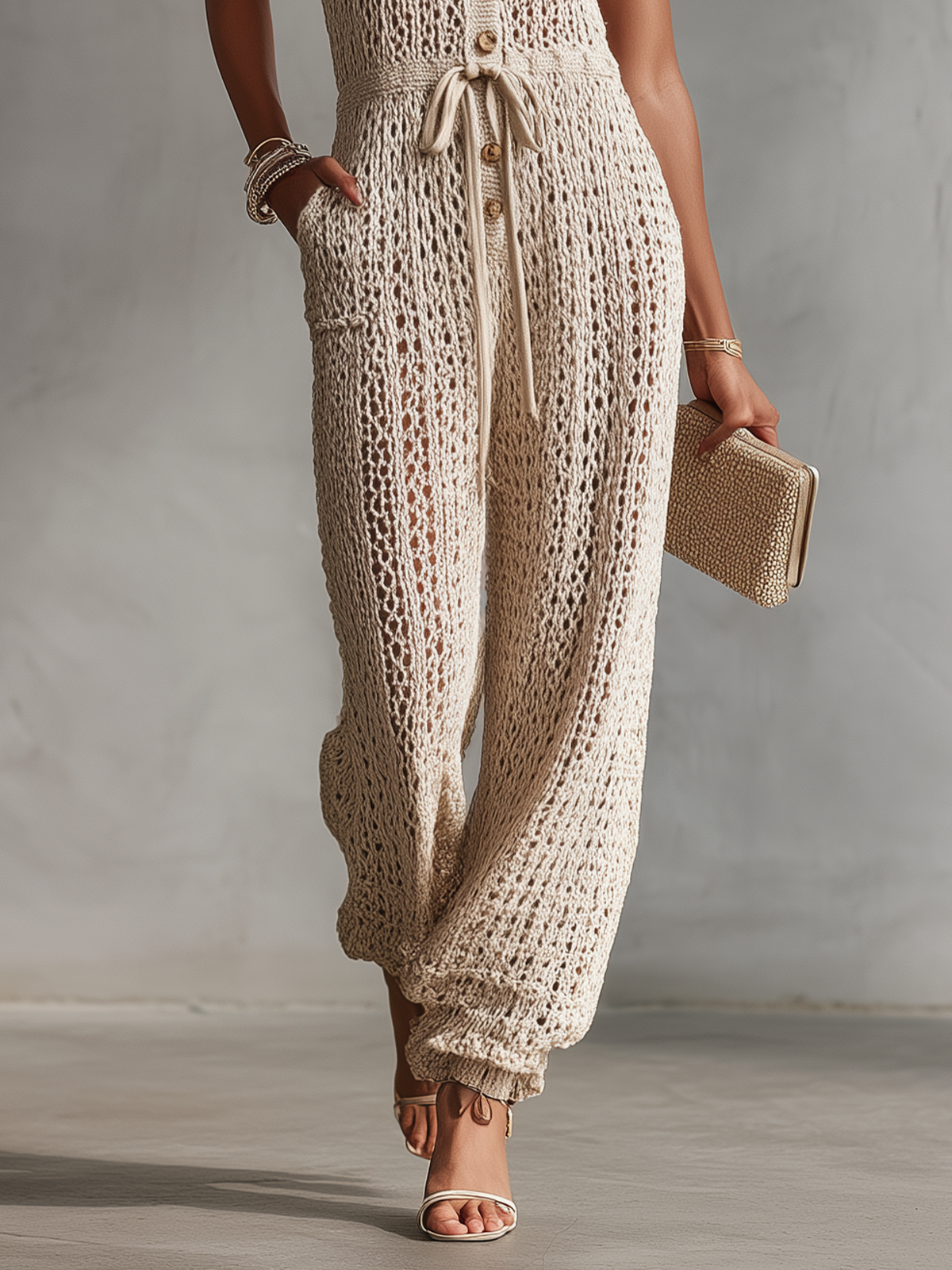 White Knit Crochet Button-Front Short Sleeve Jumpsuit