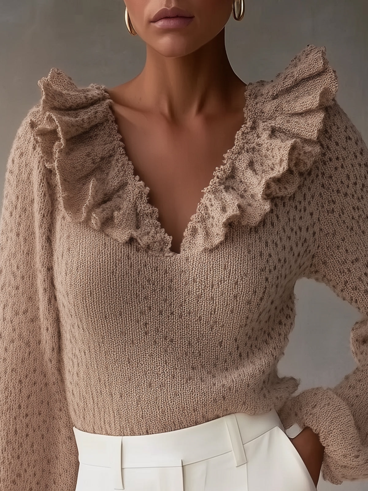 Ruffled V-Neck Knit Sweater
