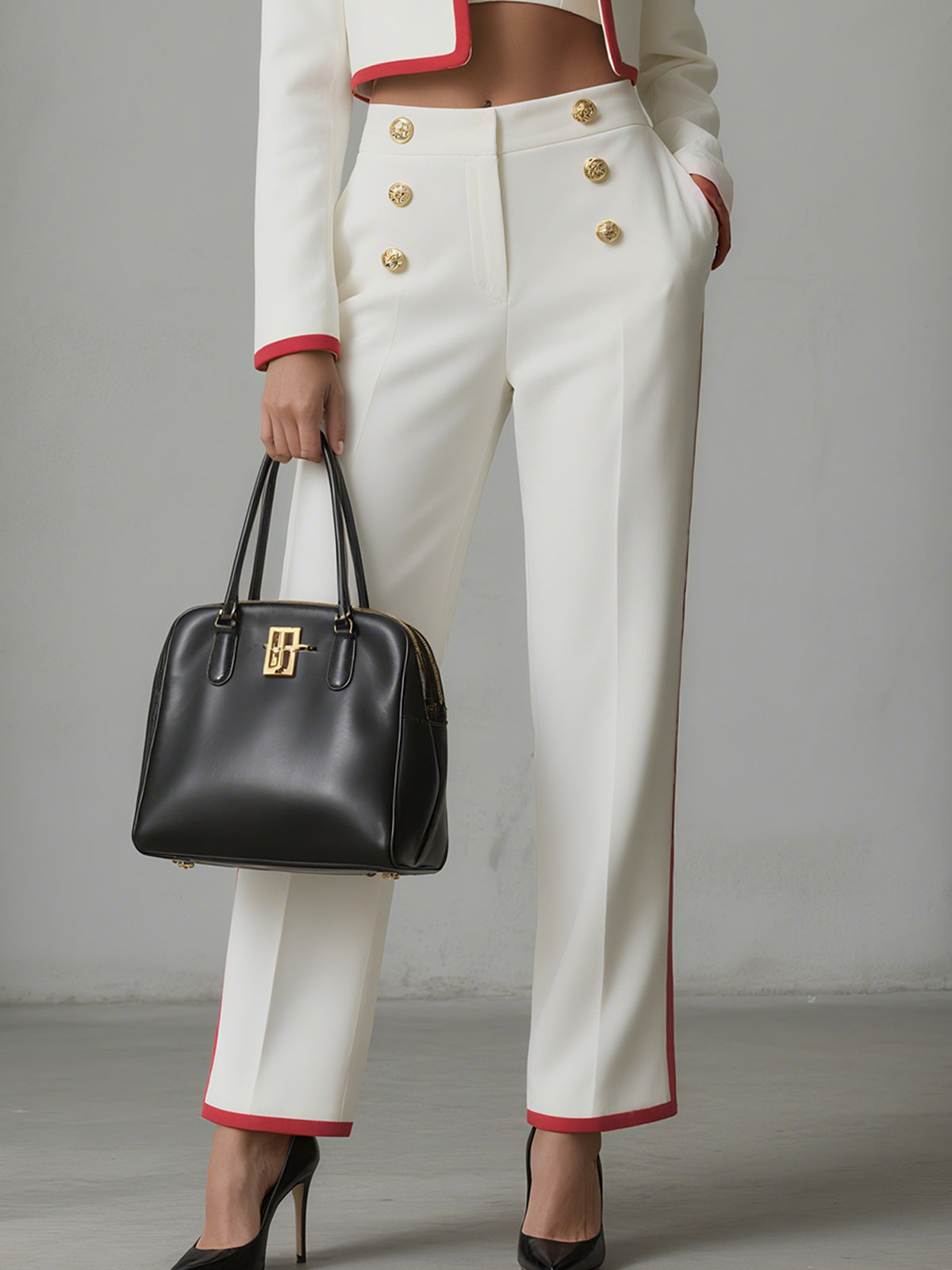 Cropped Blazer And High Waisted Trousers Set With Red Trim