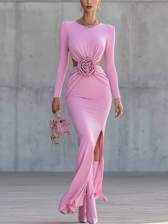 Pink Draped Cutout Maxi Dress With Rosette Waist Detail