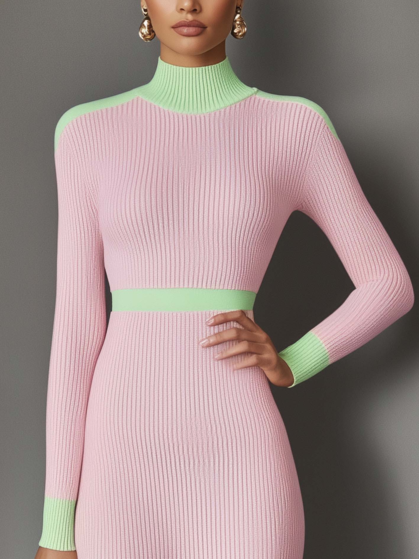 Light Pink Knitted Mini Dress With Mint Green Trim