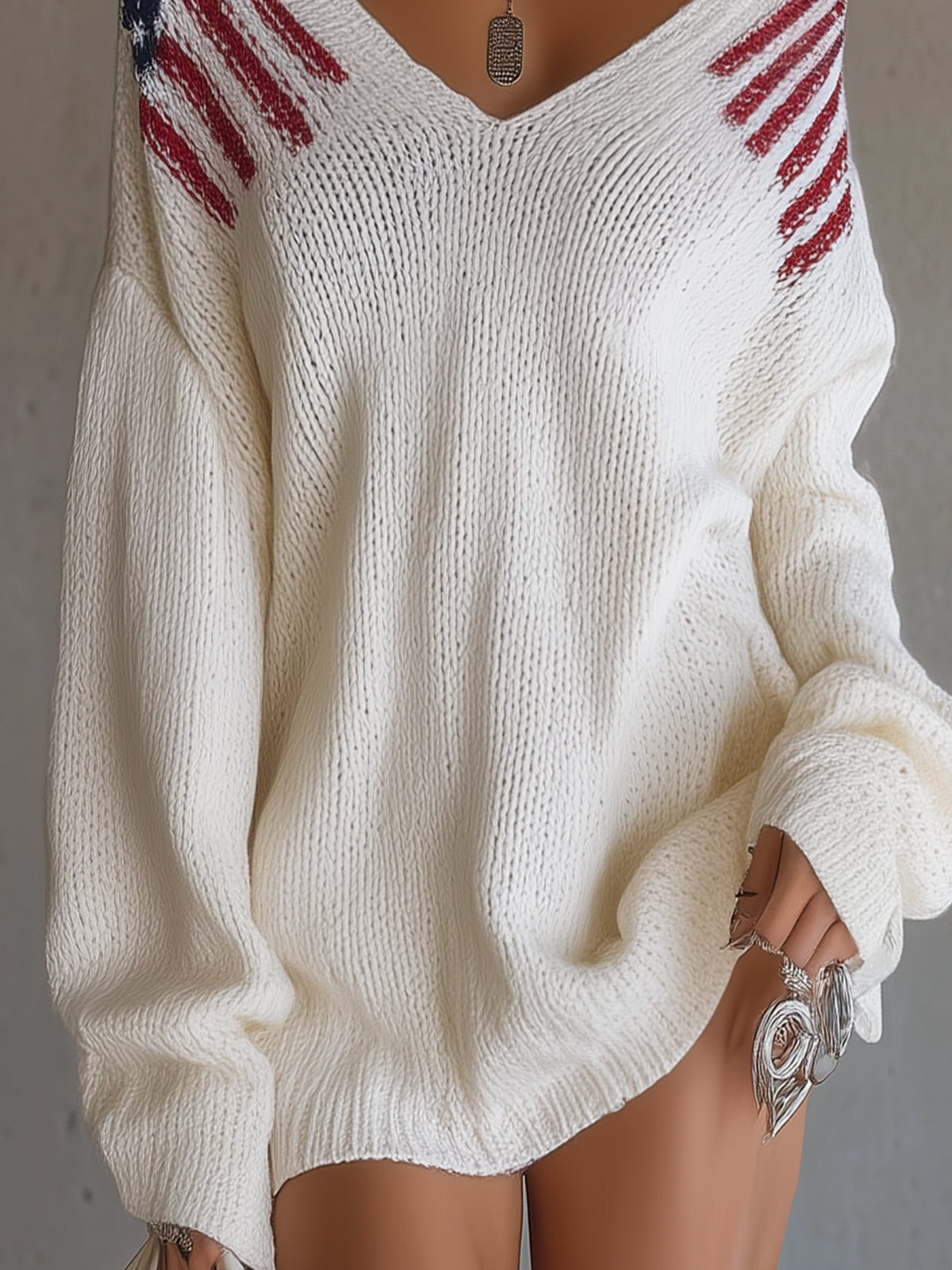 White Oversized V-Neck Sweater With Flag Shoulder Detail