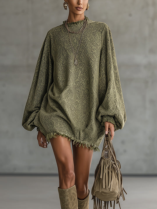 Green Faux Suede Mini Dress With Balloon Sleeves And Fringe Hem