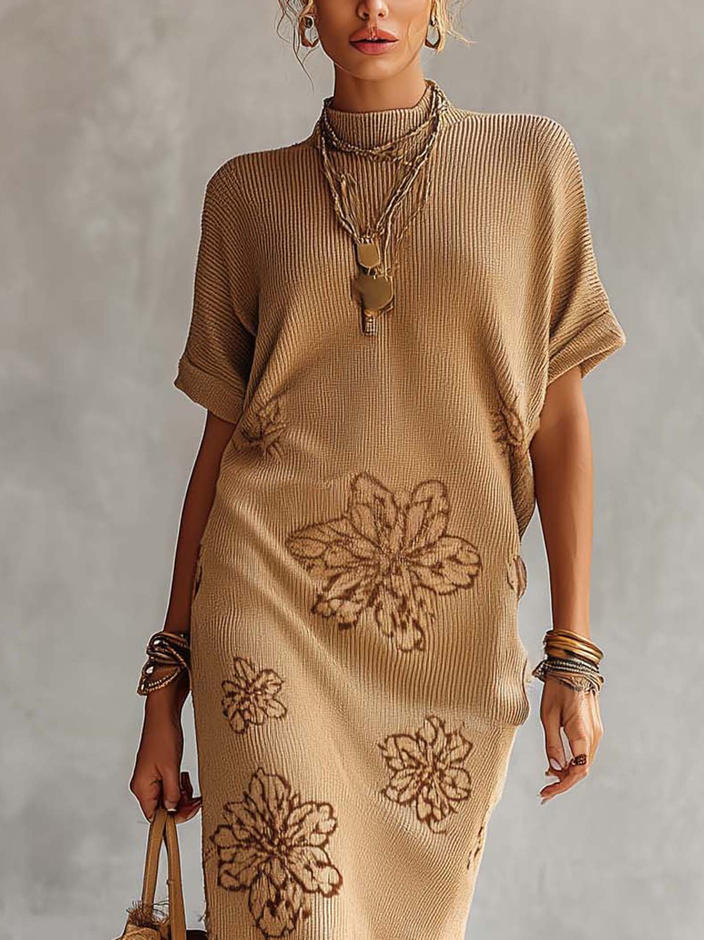 Beige Floral Knit Short Sleeve Maxi Dress