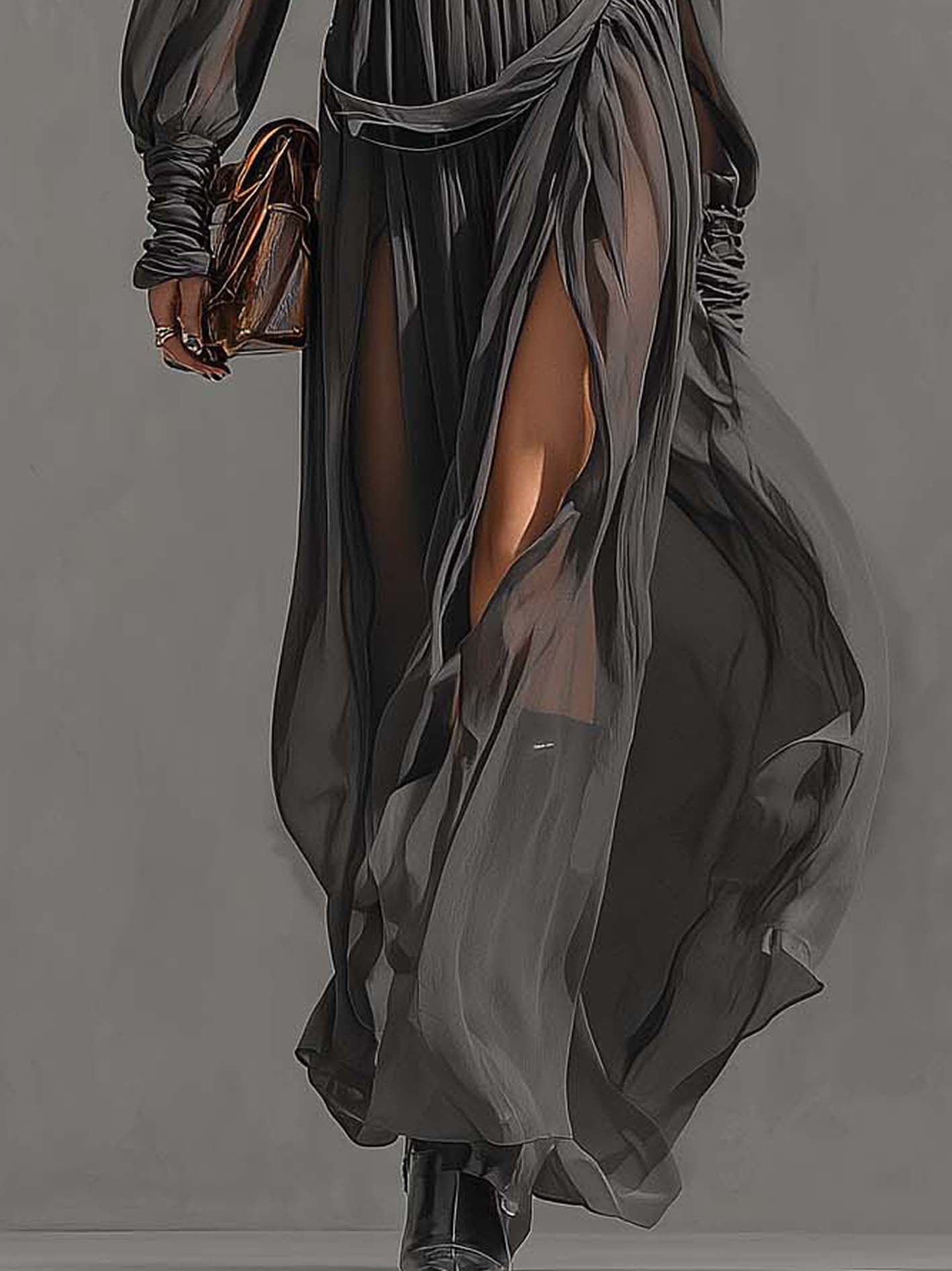 Gray Chiffon Cold Shoulder Pleated Patchwork Maxi Dress