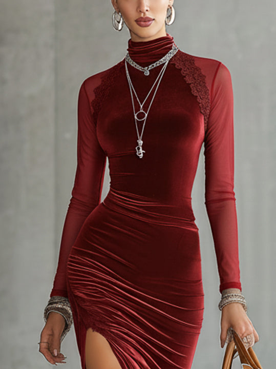 Burgundy Velvet Long Sleeve Midi Dress With Lace Detailing And High Slit