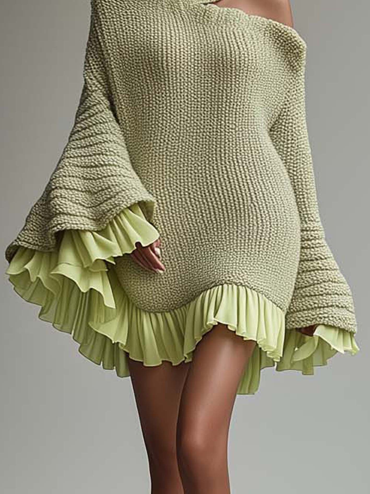 Cold Shoulder Light Green Knitted Mini Dress With Ruffles