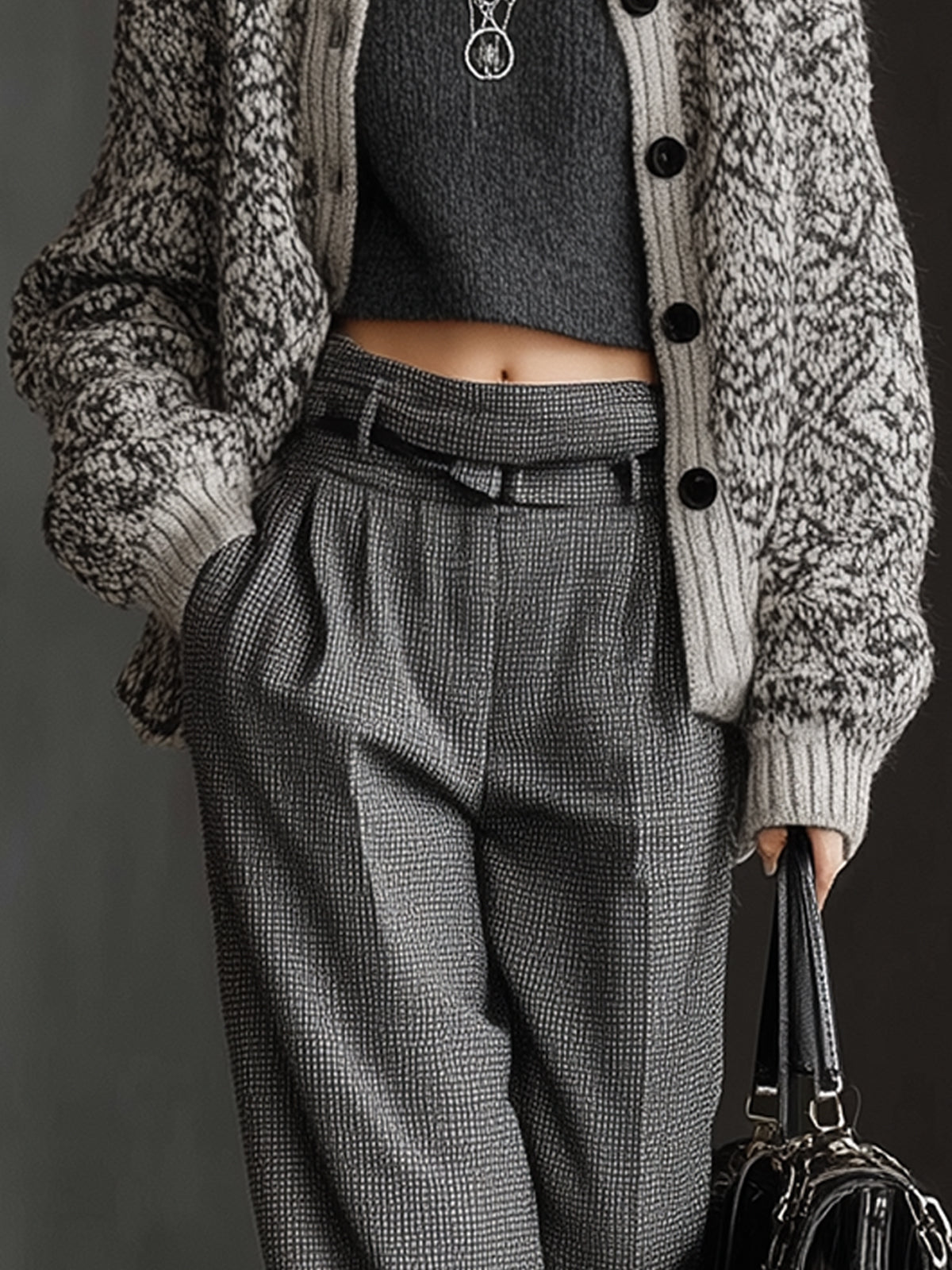 Gray Two Tone Textured Knit Button Down Cardigan
