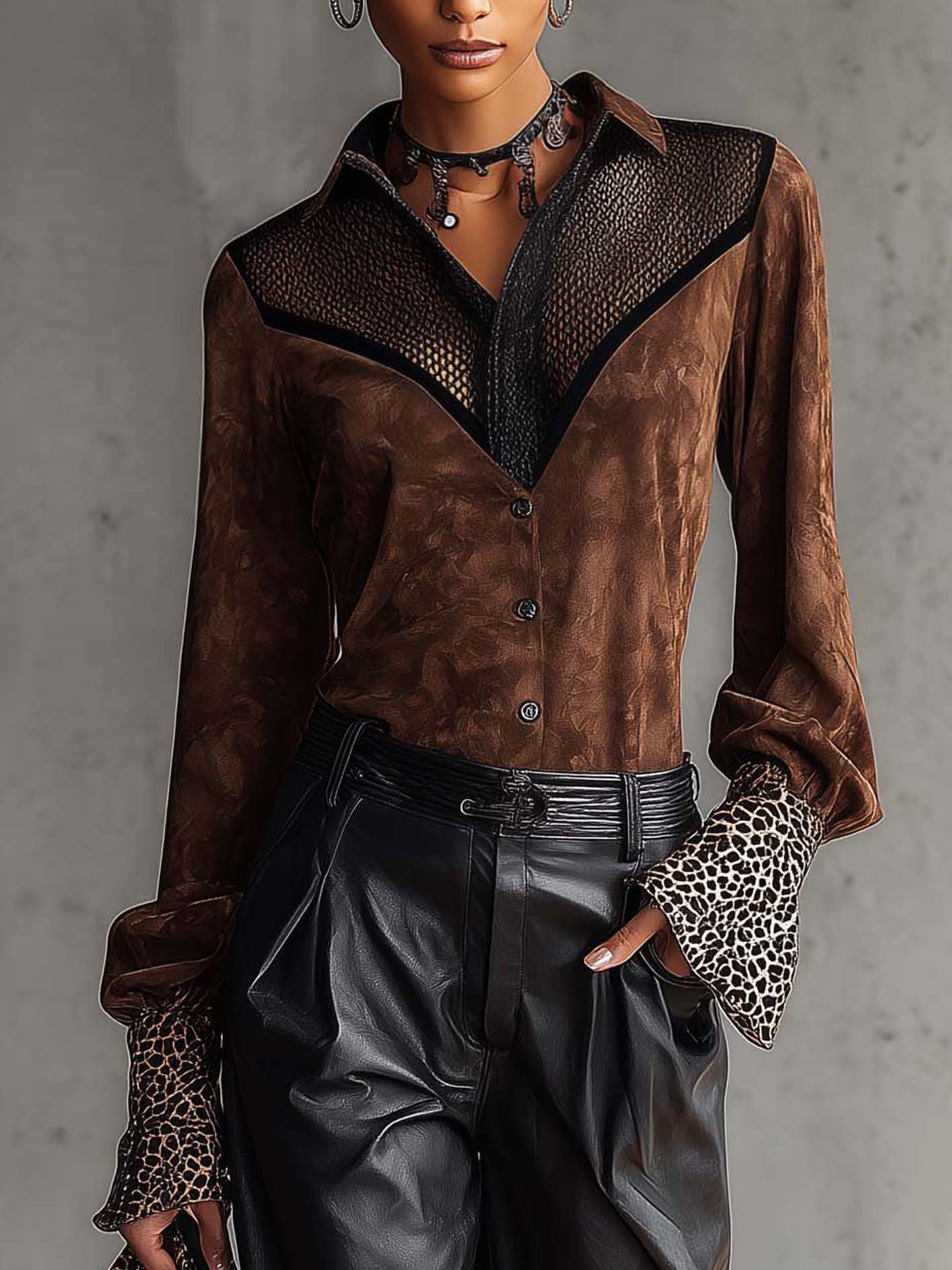 Brown Faux Suede Mesh Patchwork Leopard Cuff Blouse