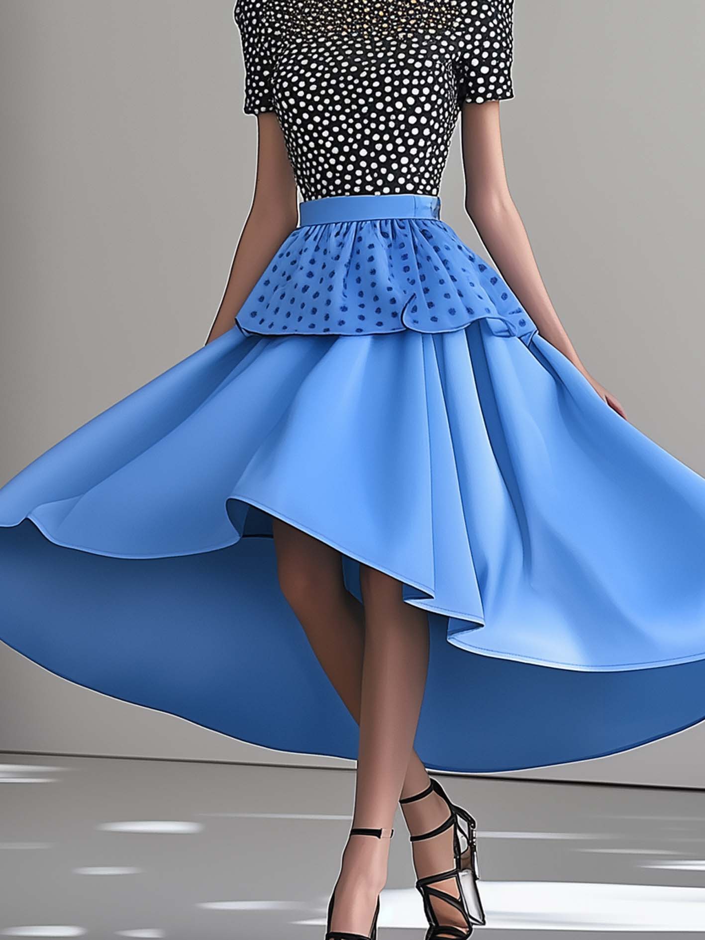 Polka Dot Satin Blue Midi Dress
