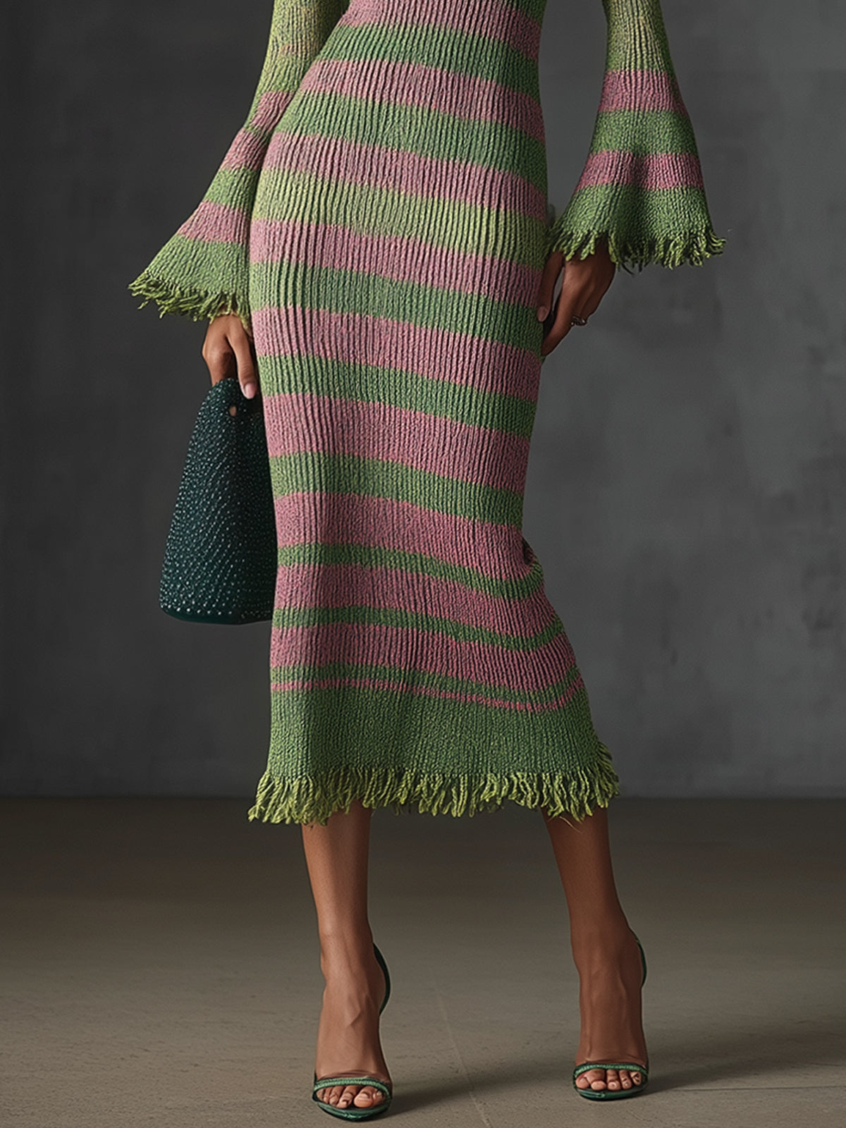 Olive Green And Light Pink Striped Knit V-Neck Midi Dress