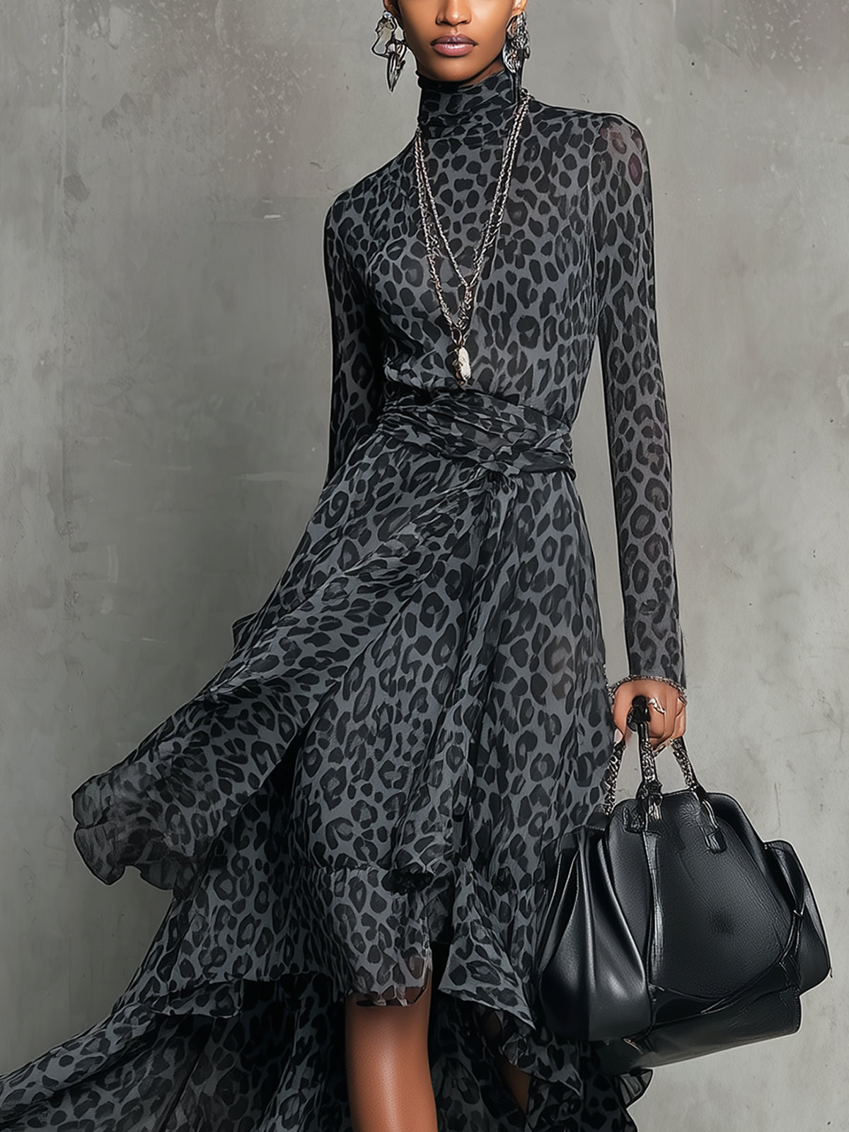 Leopard Print High-Neck Maxi Dress With Asymmetric Hem