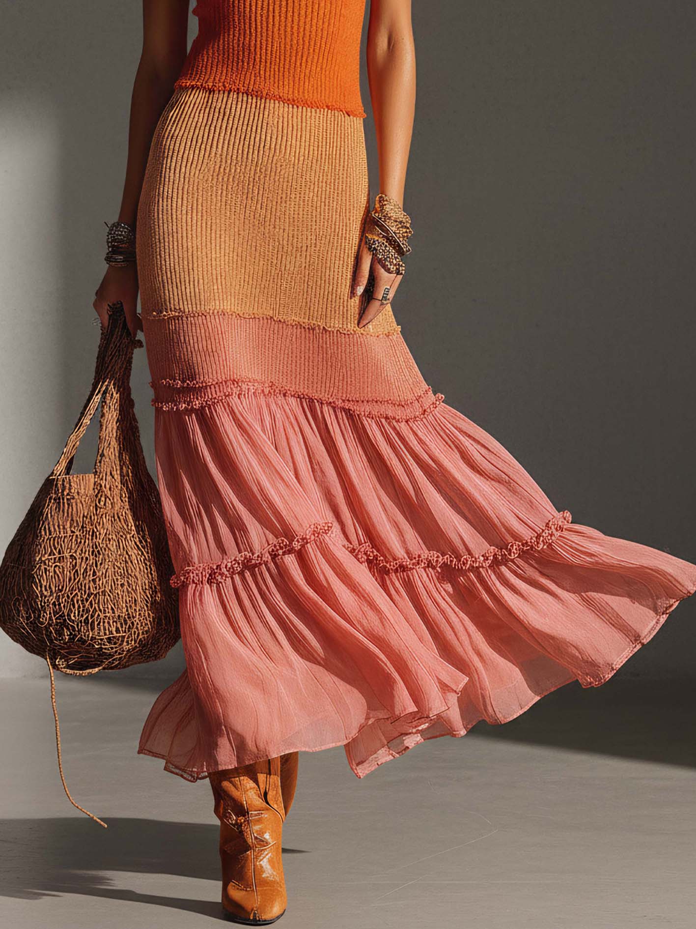 Colorblock Knit And Chiffon Maxi Dress