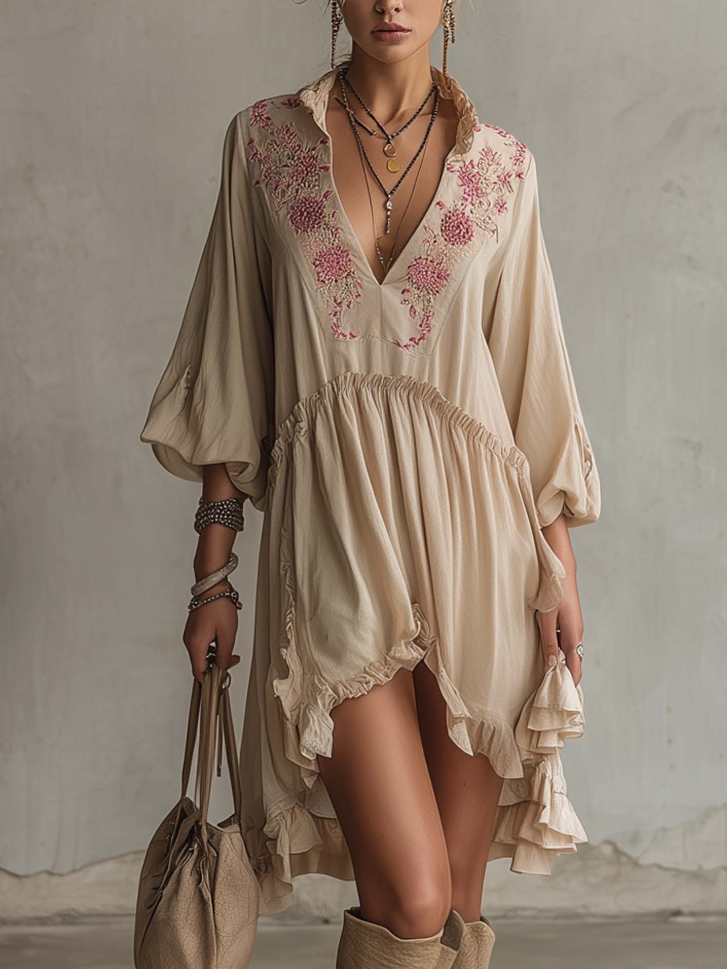 Vintage Beige Embroidered Cotton Linen Mini Dress With Asymmetrical Ruffle Hem
