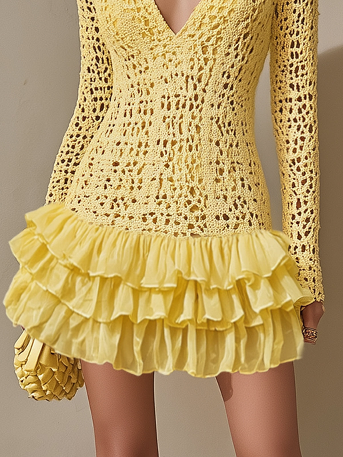Sunshine Yellow Crochet V-Neck Ruffle Hem Mini Dress