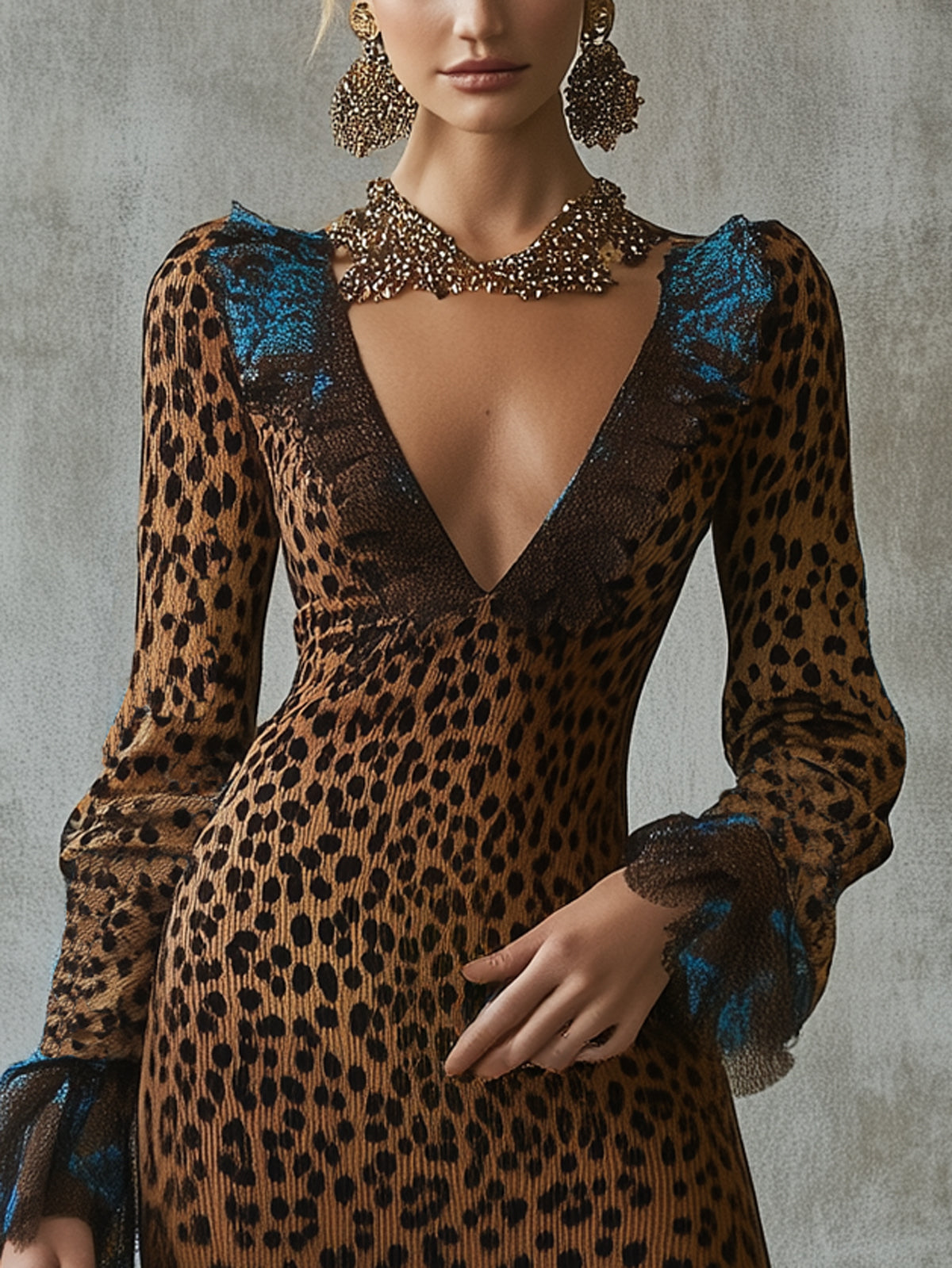 Brown Leopard Lace Trim Deep V-Neck Long Sleeved Ruffled Mini Knit Dress