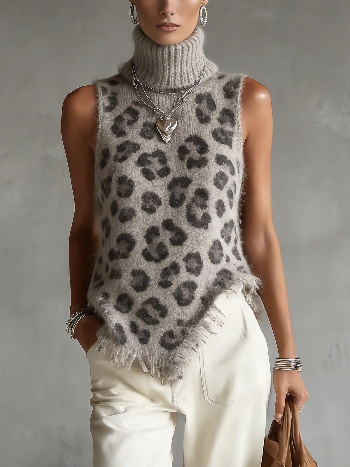 Leopard Print Turtleneck Sleeveless Fuzzy Knit Sweater Vest