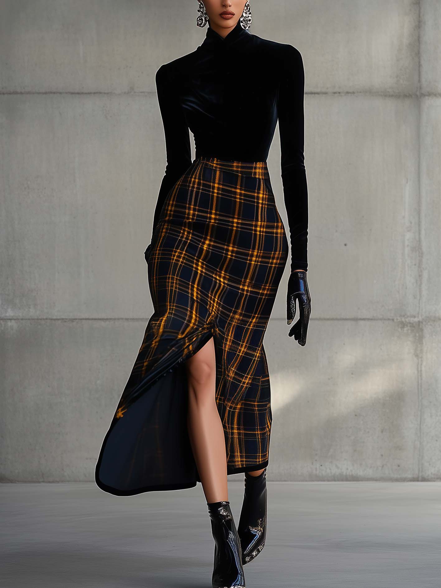 Black Velvet Bodycon Dress With Yellow Plaid