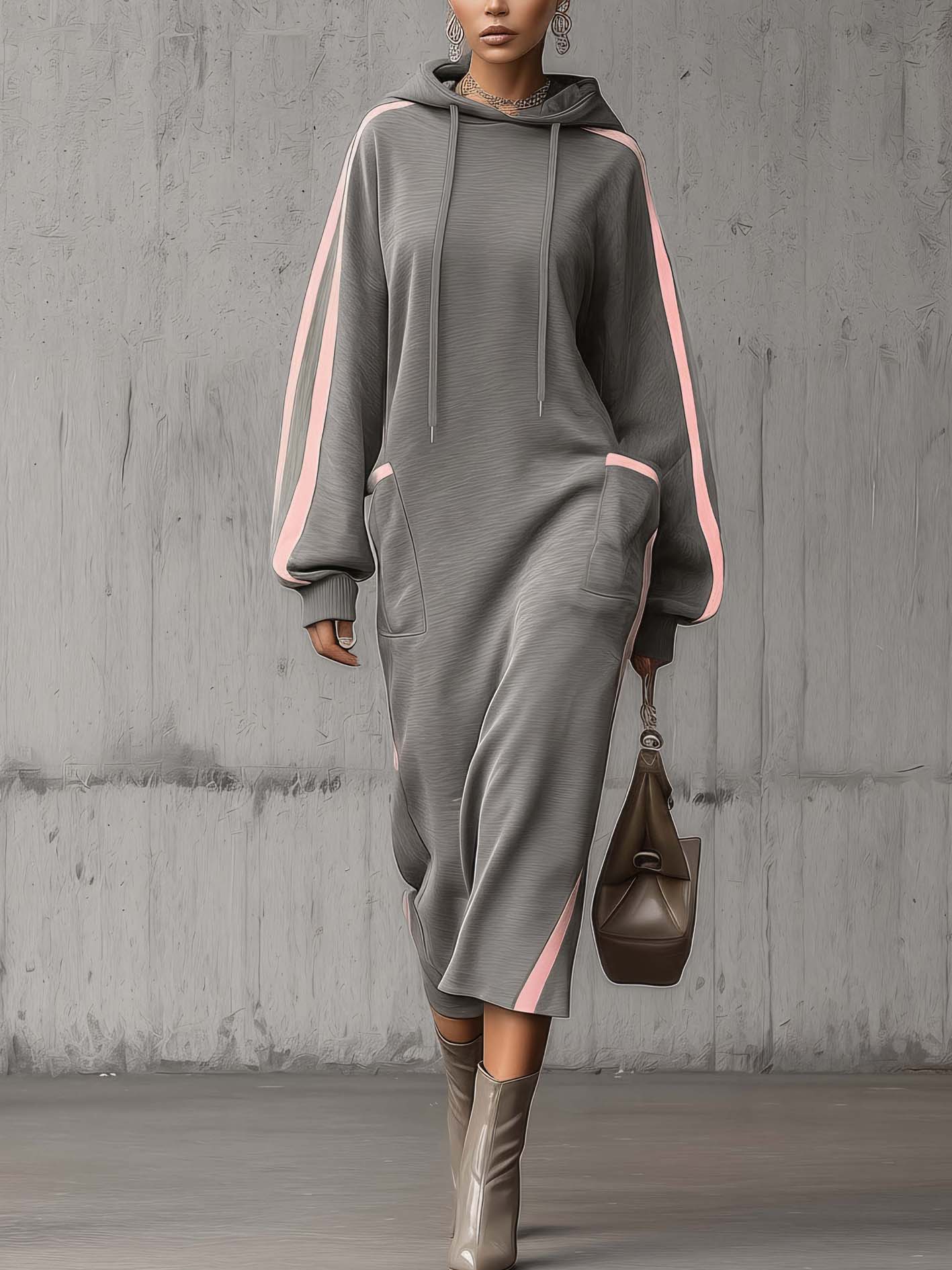 Gray Hooded Maxi Sweatshirt Dress With Pink Stripe Detail