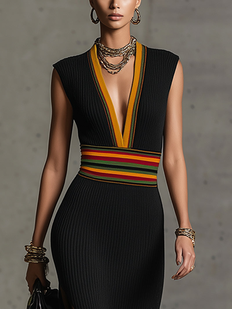 Black Deep V-Neck Maxi Dress With Striped Waist Detail