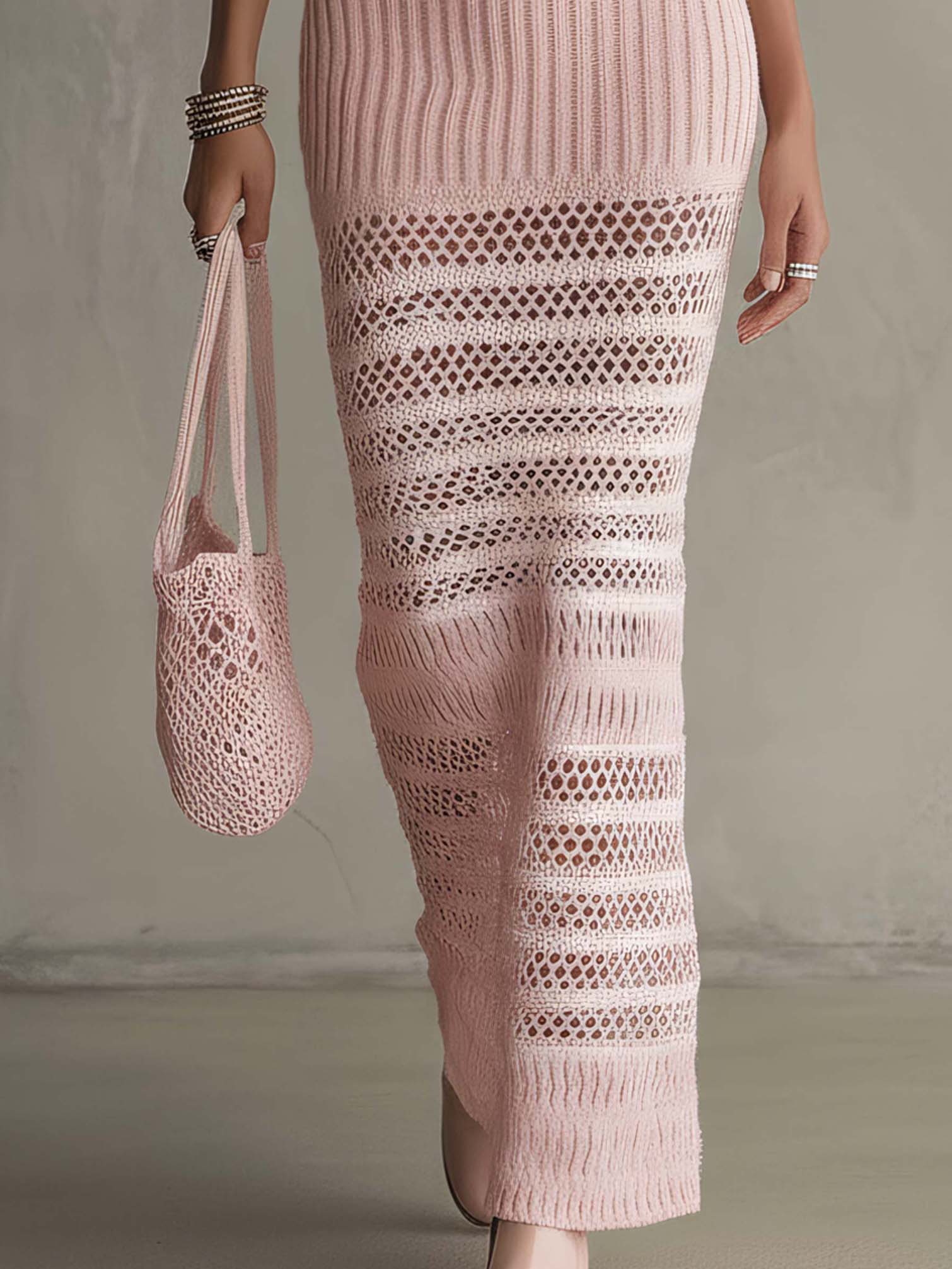 Pink Knit Hollow Out Bodycon Dress Sleeveless Halter Outfit