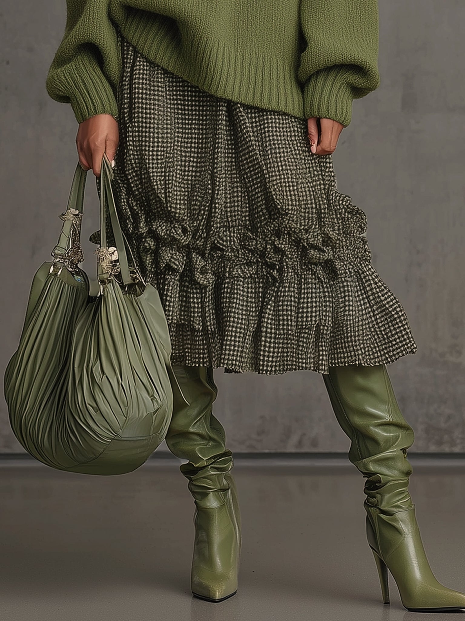 Olive Green Loose Fitting Long Sleeve Knit Sweater And Plaid Skirt Set