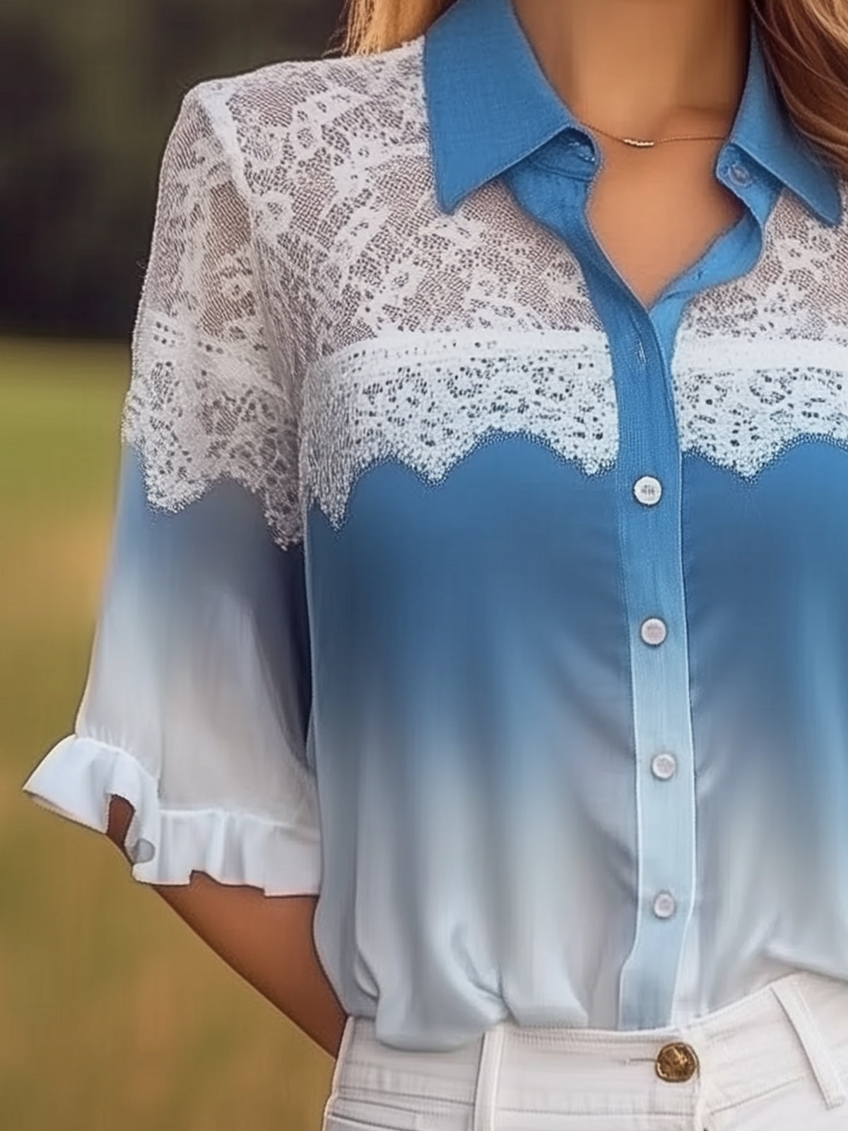 Ombre Lace Panel Chiffon Blouse