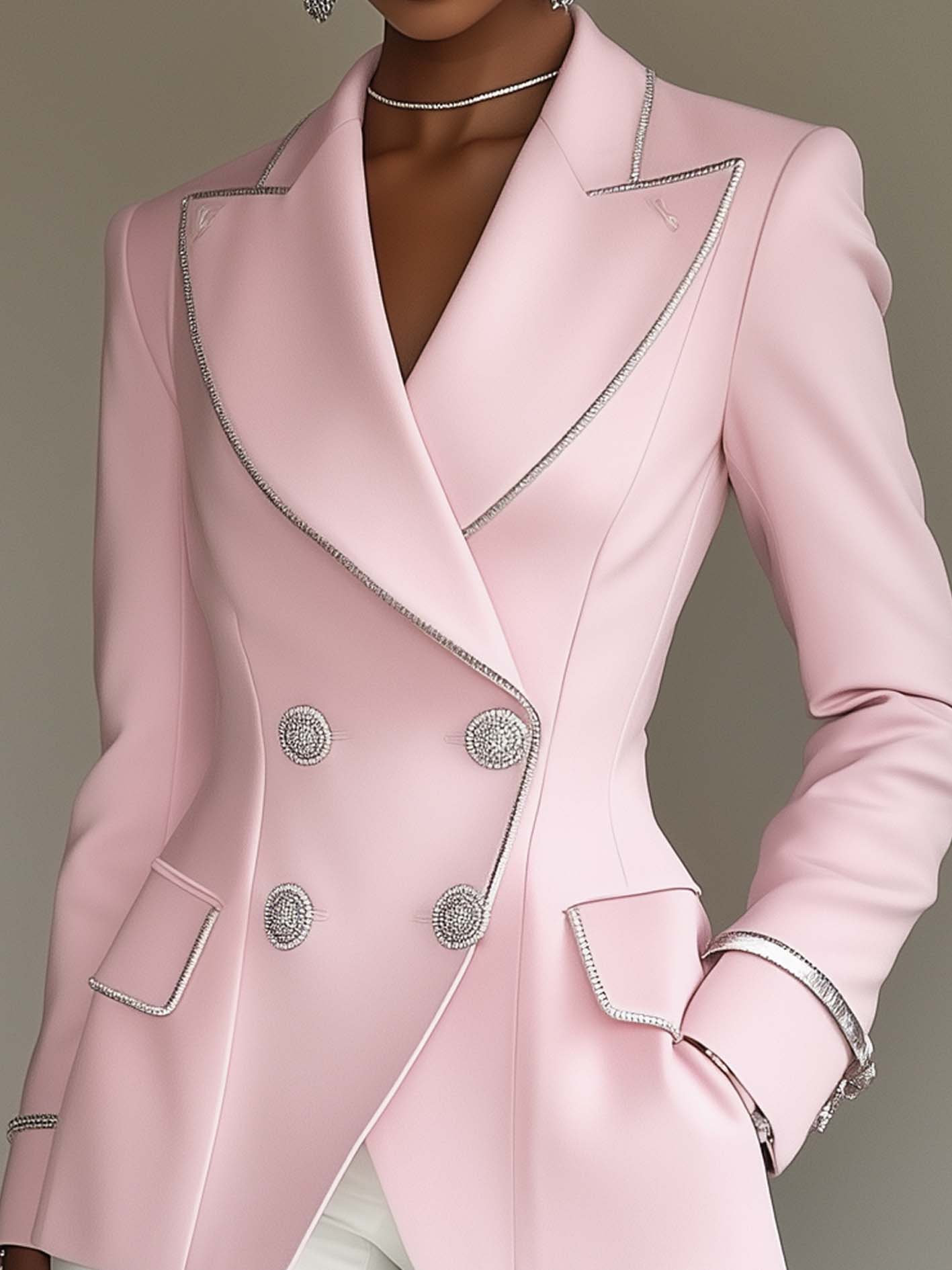 Pink Blazer With Silver Trim And Double-breasted Buttons