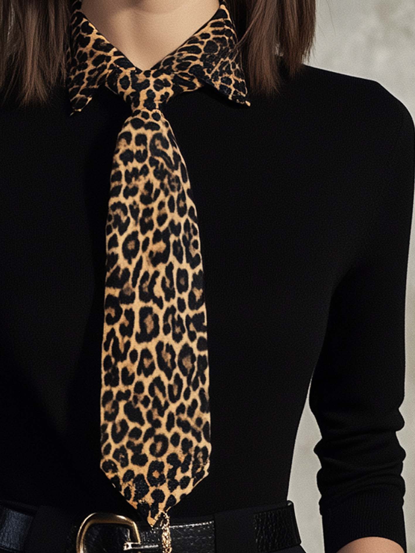 Black Knitted T-shirt With Leopard Print Lapel And Tie