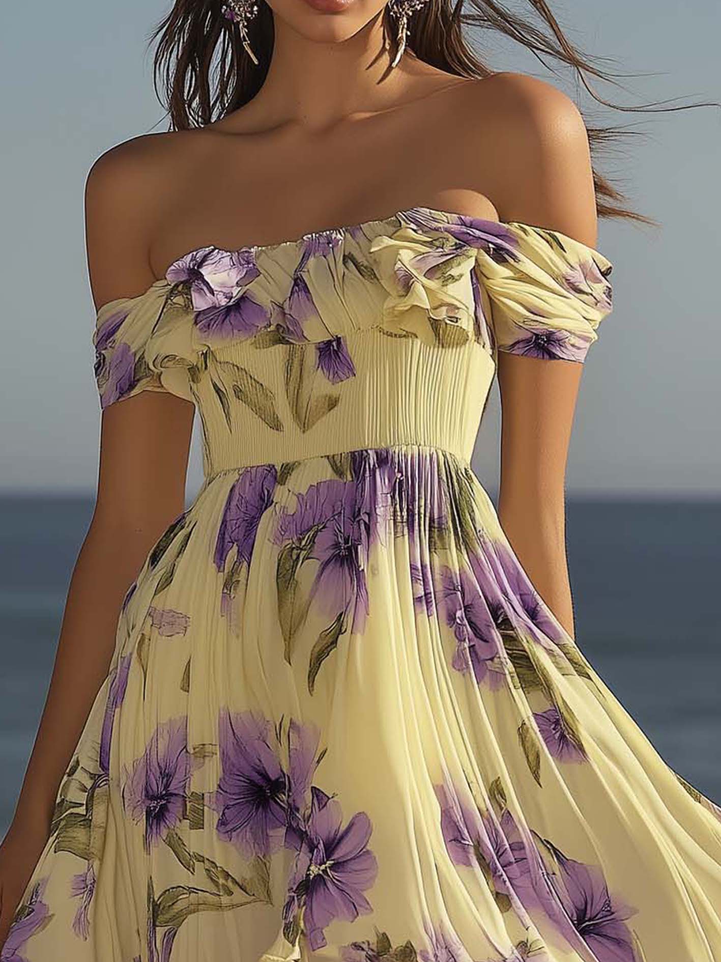 Light Yellow Chiffon Mini Dress With Elegant Purple Flowers And Ruffles