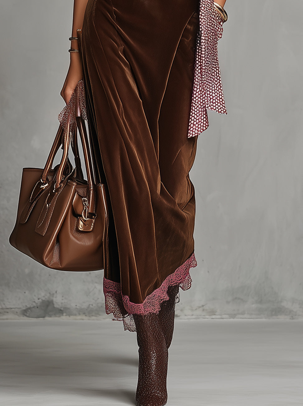 Brown Velvet One-Shoulder Maxi Dress With Lace Trim