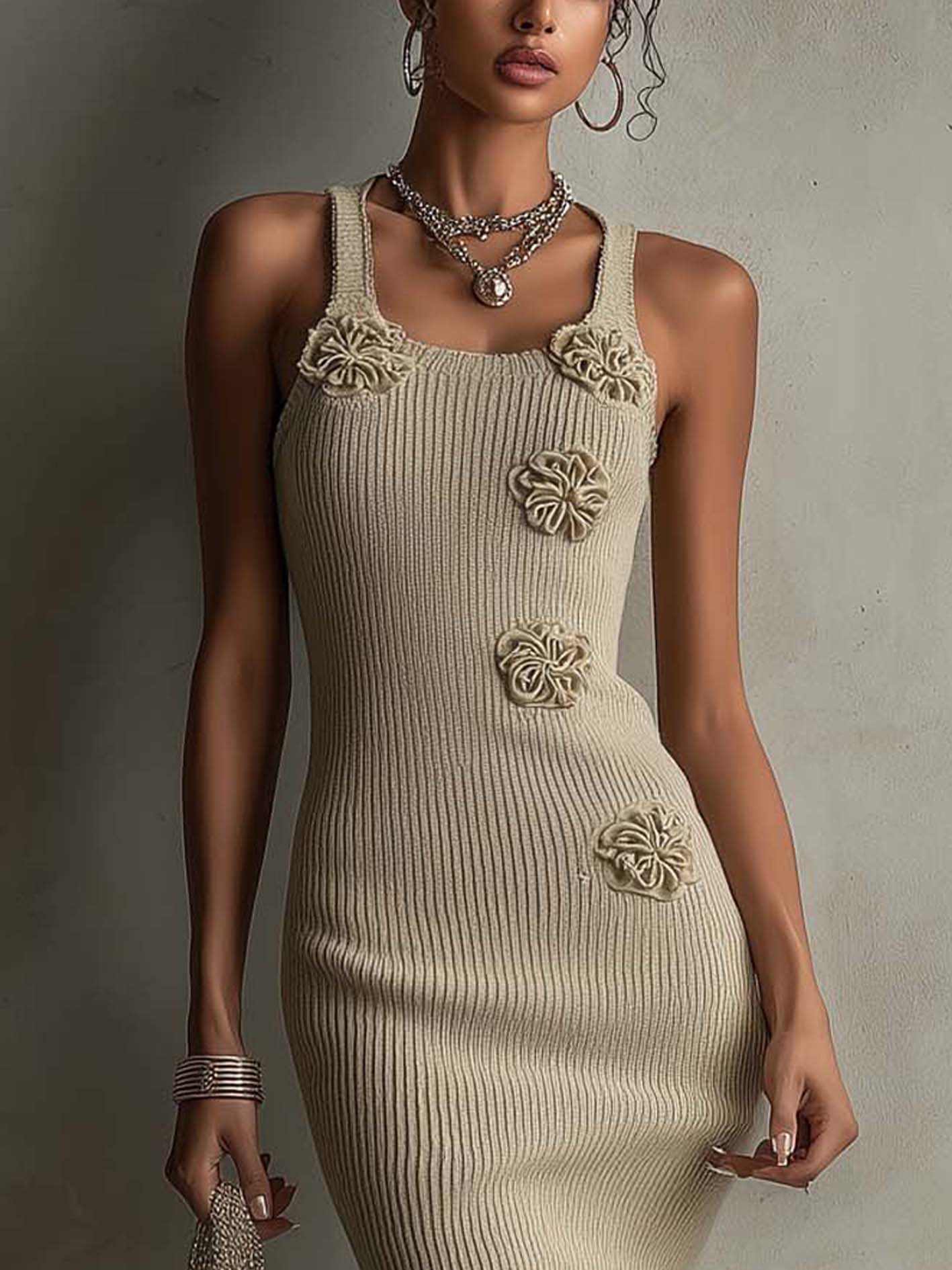 Beige Knit Bodycon Dress With 3D Floral