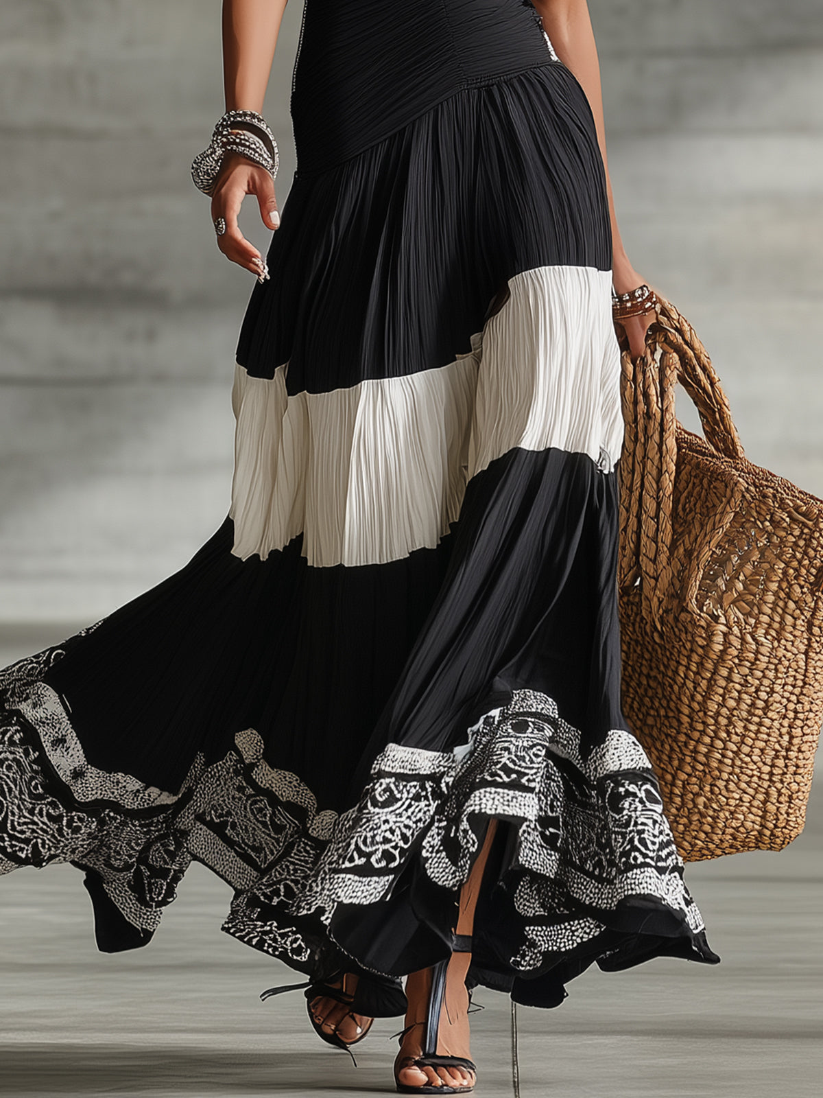 Black And White Pleated Tiered Maxi Dress With Printed Hem