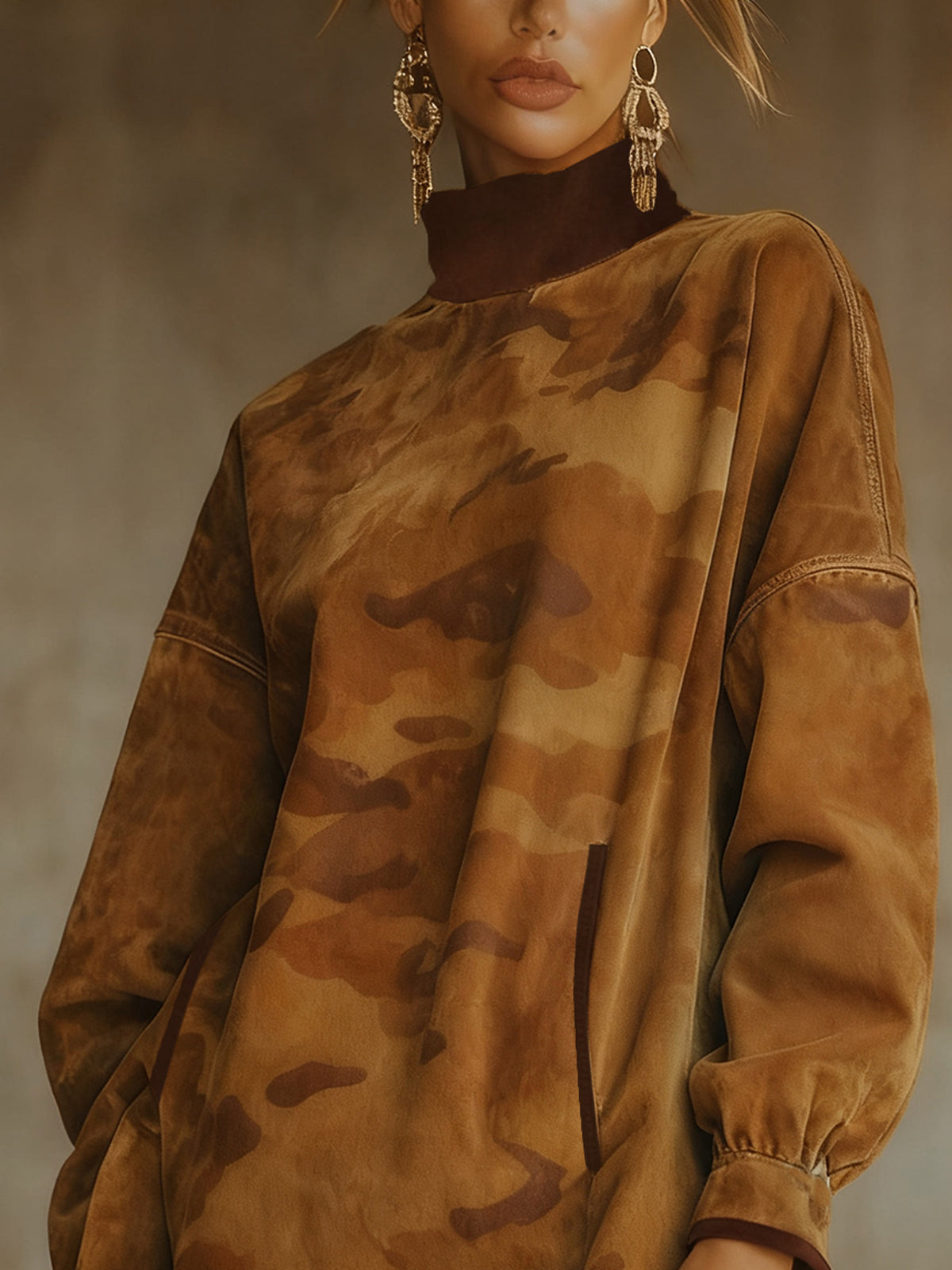 Caramel Camo Faux Suede Turtleneck Mini Dress