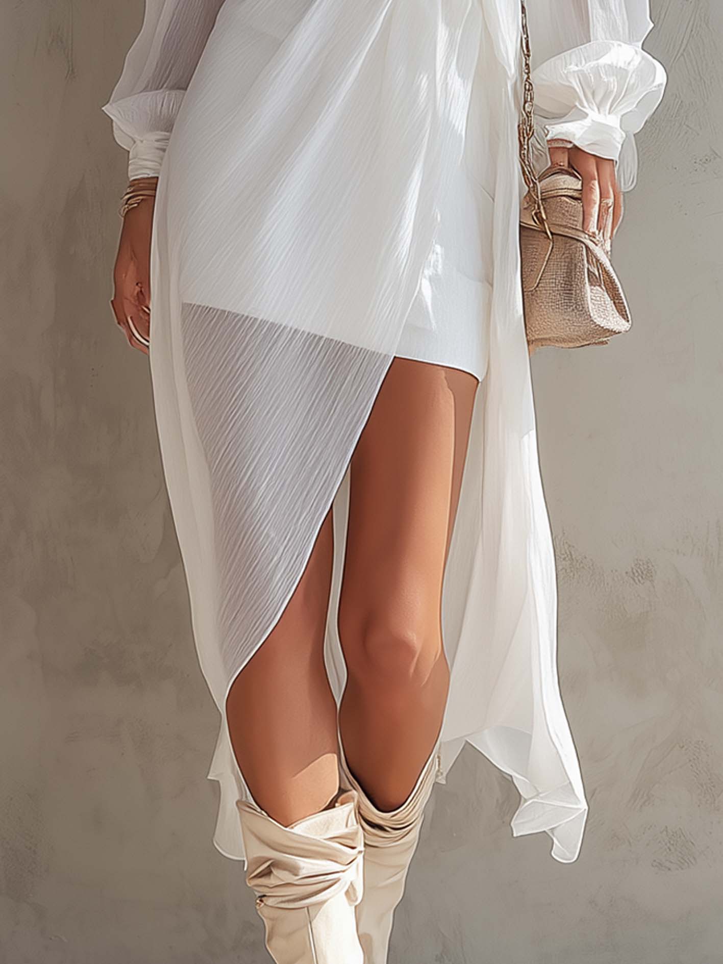 White One Shoulder Double Layer Midi Dress With Side Slit