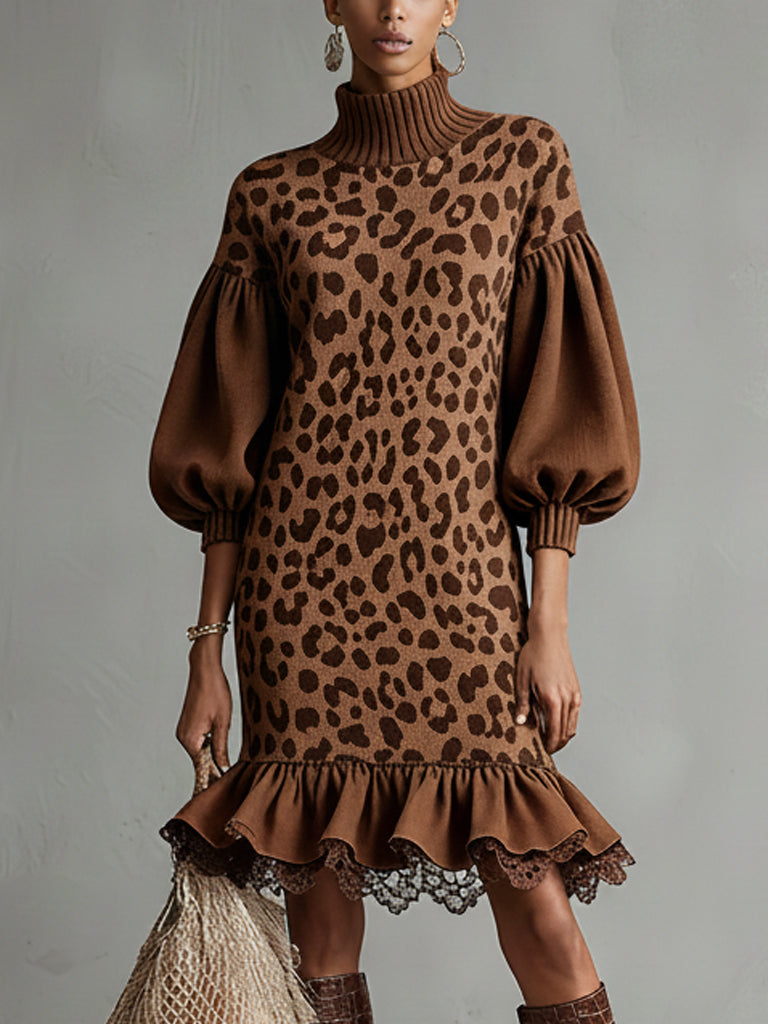 Brown Leopard Print High Neck Knit Mini Dress With Puff Sleeves And Ruffled Lace Hem