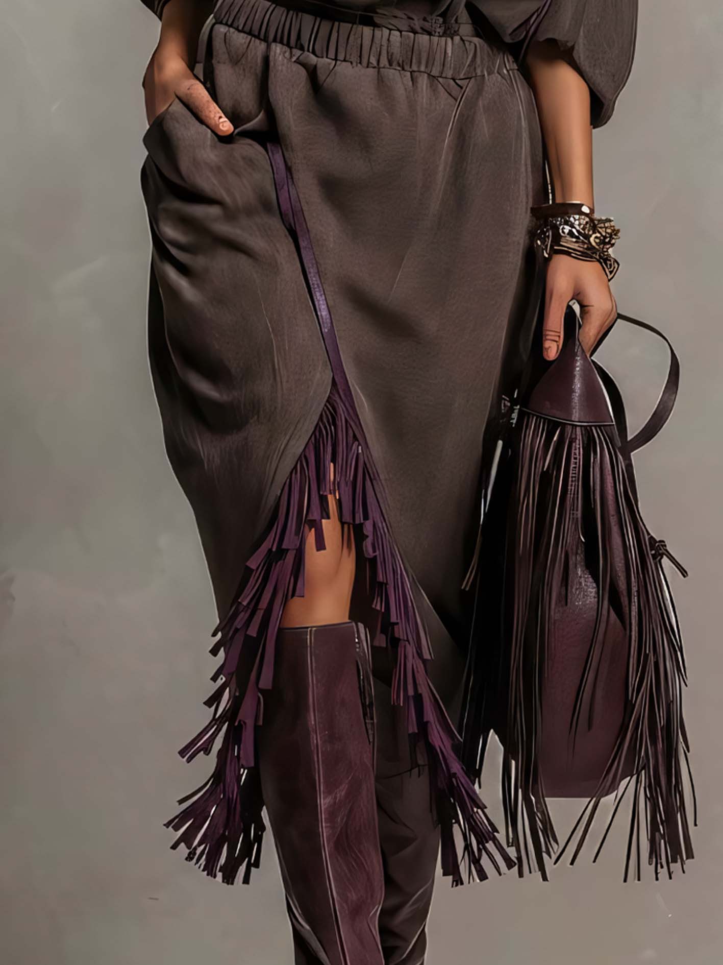 Dark Coffee Faux Suede Midi Dress With Purple Fringe Trim