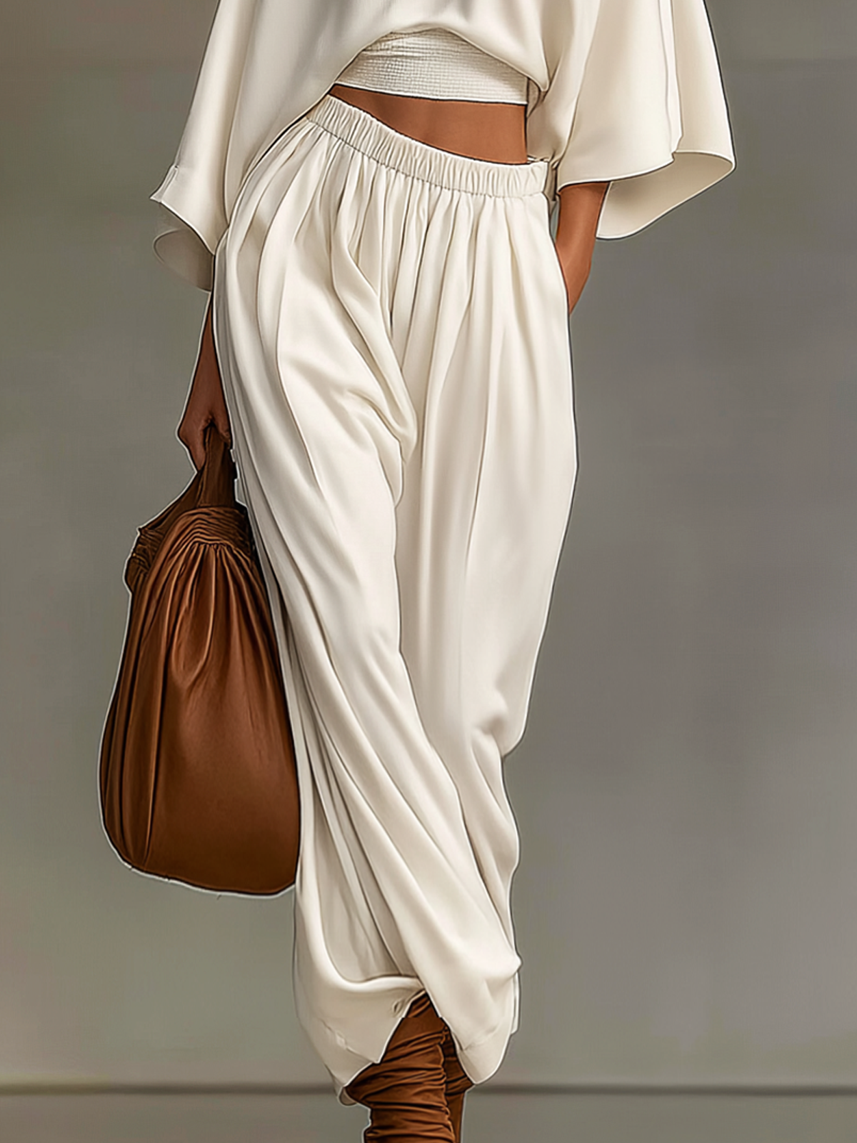 White Knit Cropped Batwing Sleeve High-waisted Wide-leg Trouser Suit