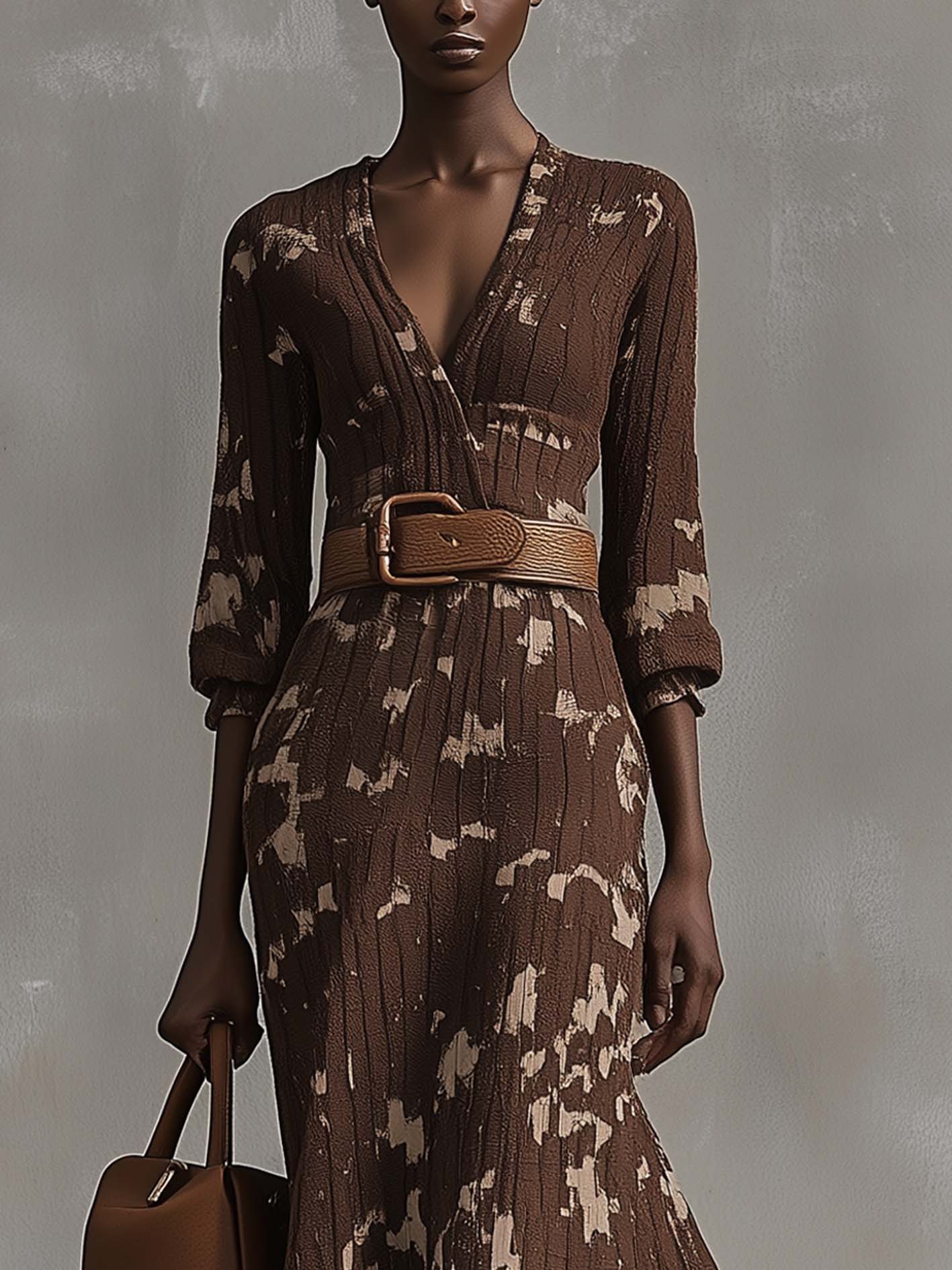 Brown Knitted Bodycon Dress With Lace And Beige Camouflage Pattern