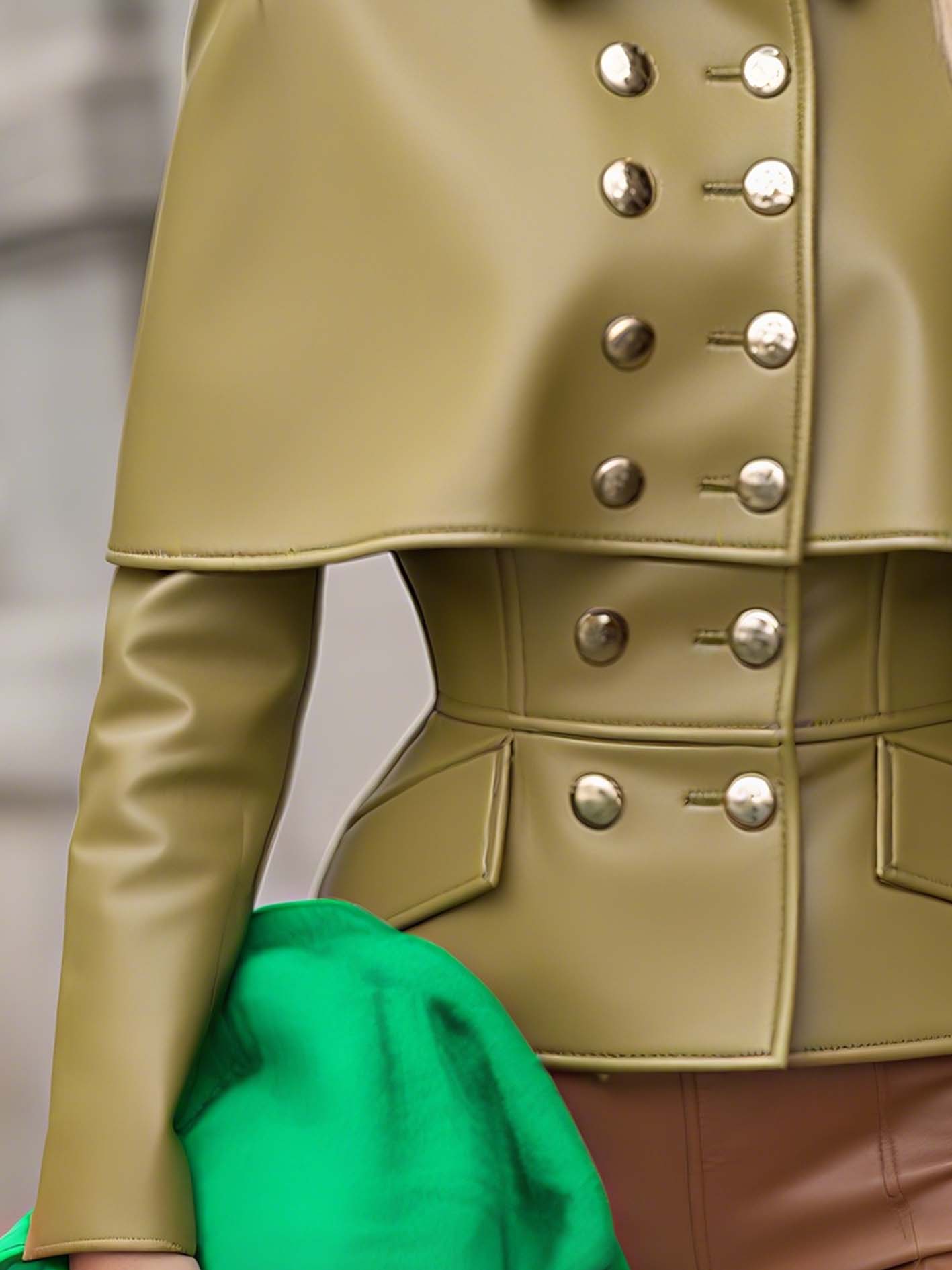 Yellow Green Faux Leather Jacket With Cape Design