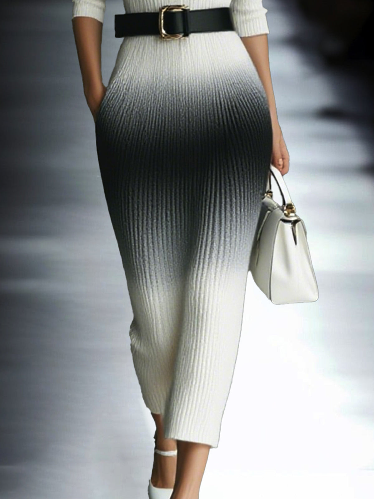 Ombre Ribbed Knit Midi Dress With Pocket